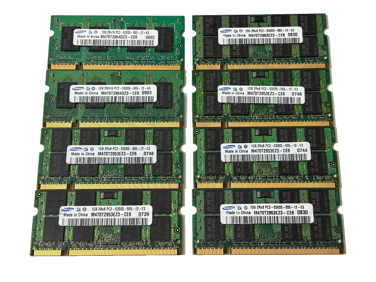 8GB Samsung (8x1GB) DDR2 PC2-5300S 2Rx8 2Rx16 SO-DIMM Laptop Memory Lot of 8