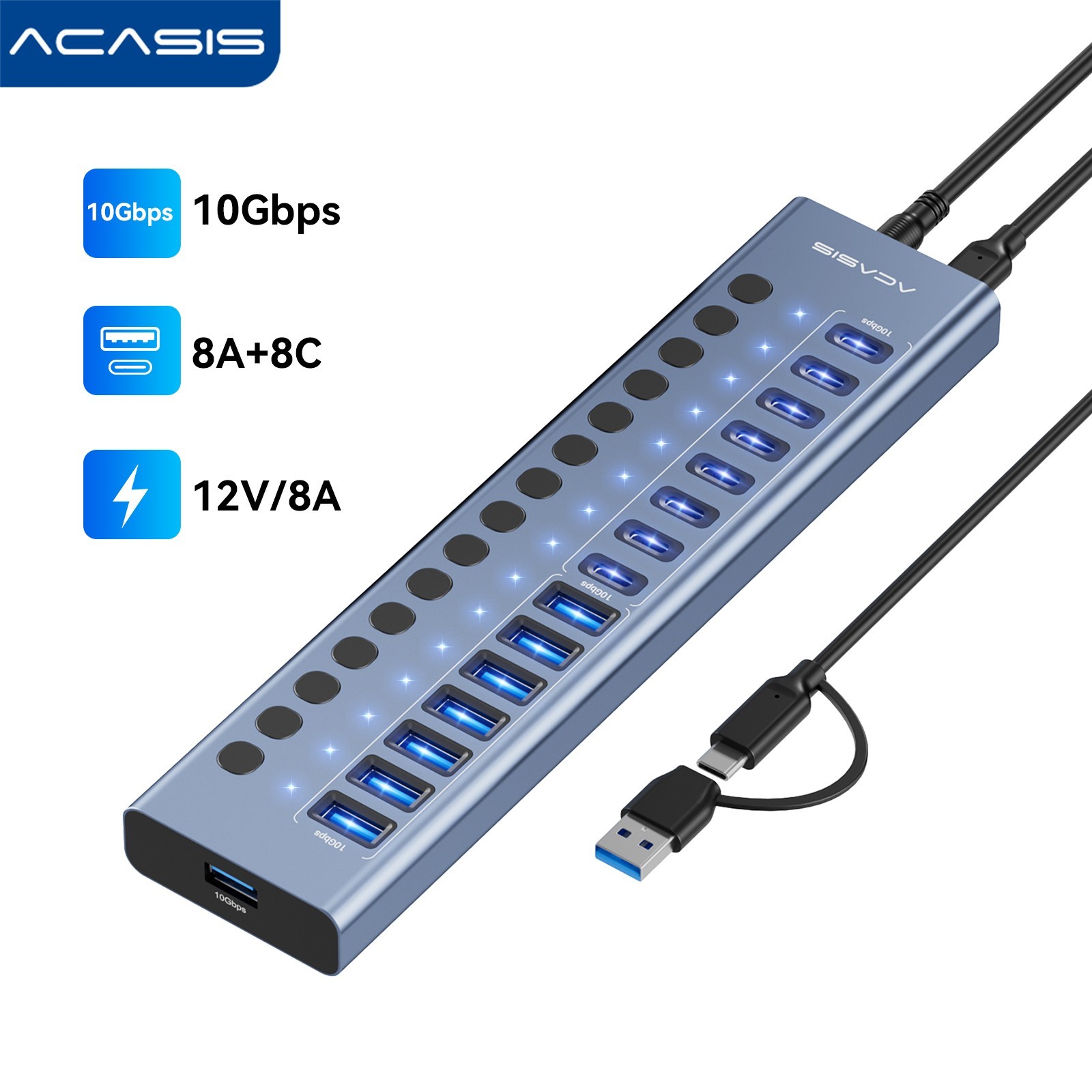 ACASIS 16-Port USB Hub 10Gbps Powered 8 USB-C 8 USB-A with 96W Adapter
