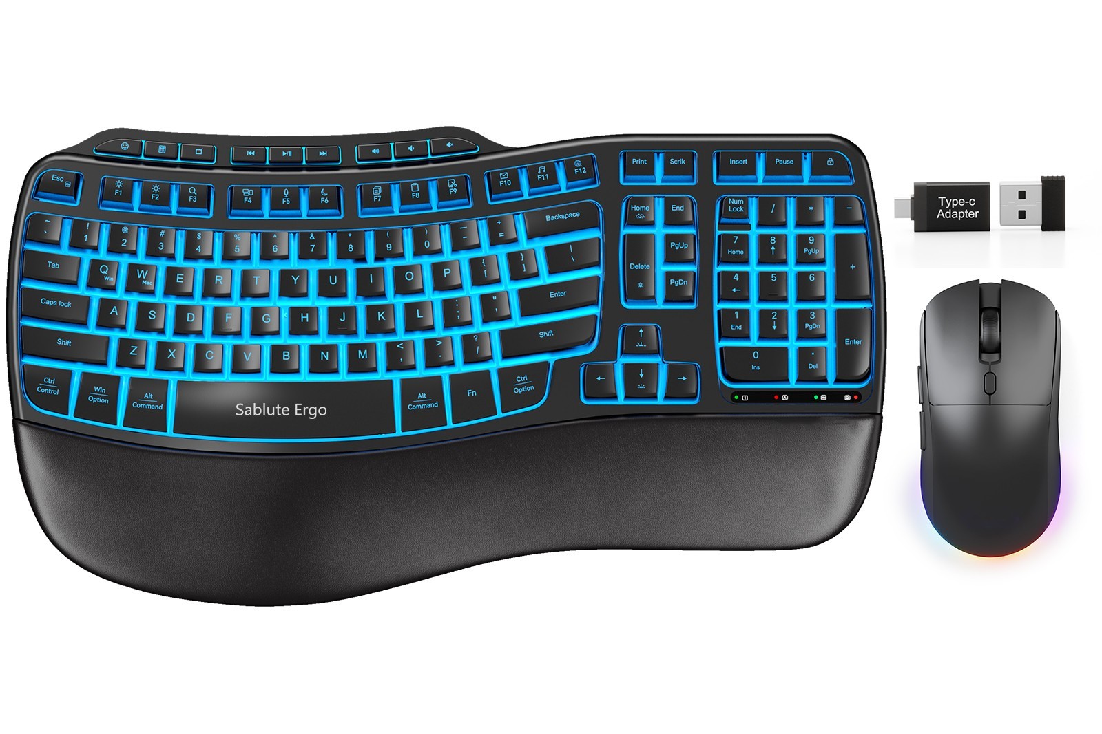 SABLUTE Ergo Wireless Keyboard Mouse Combo Ergonomic 4000mAh 7-Color Backlit USB