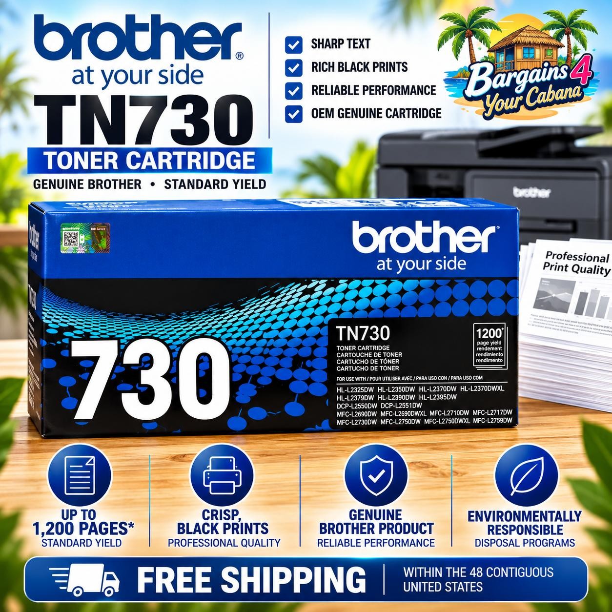 Brother Genuine TN730 Black Toner Cartridge OEM Standard Yield 1200 Pages
