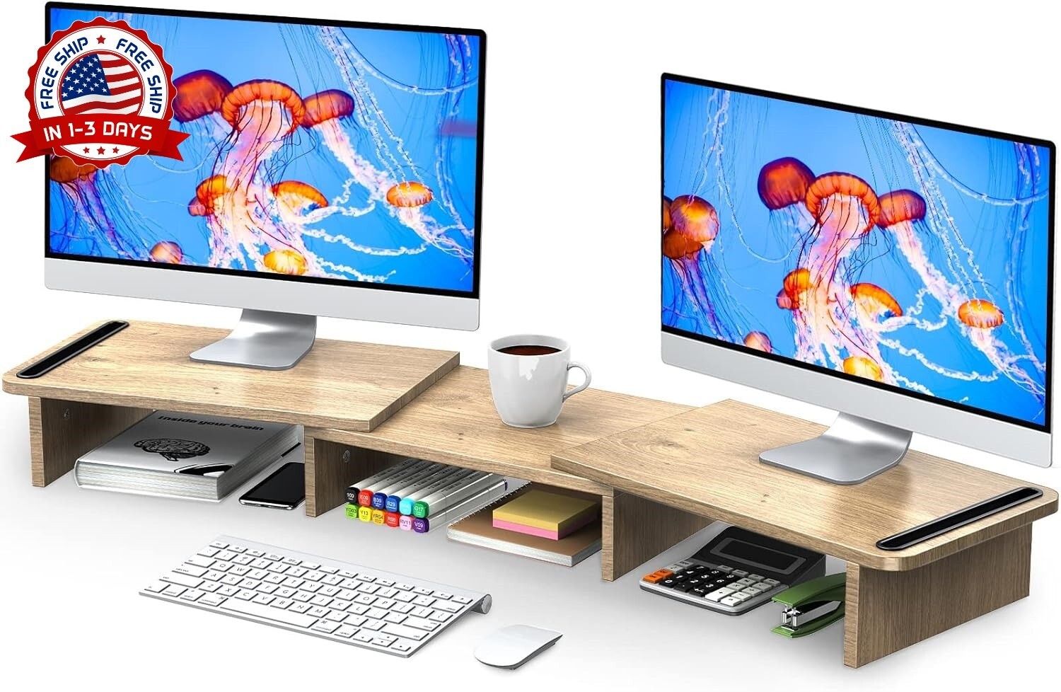 Elevador De Soporte Para Monitor Doble De Escritorio Multifuncional Con Cajón Us