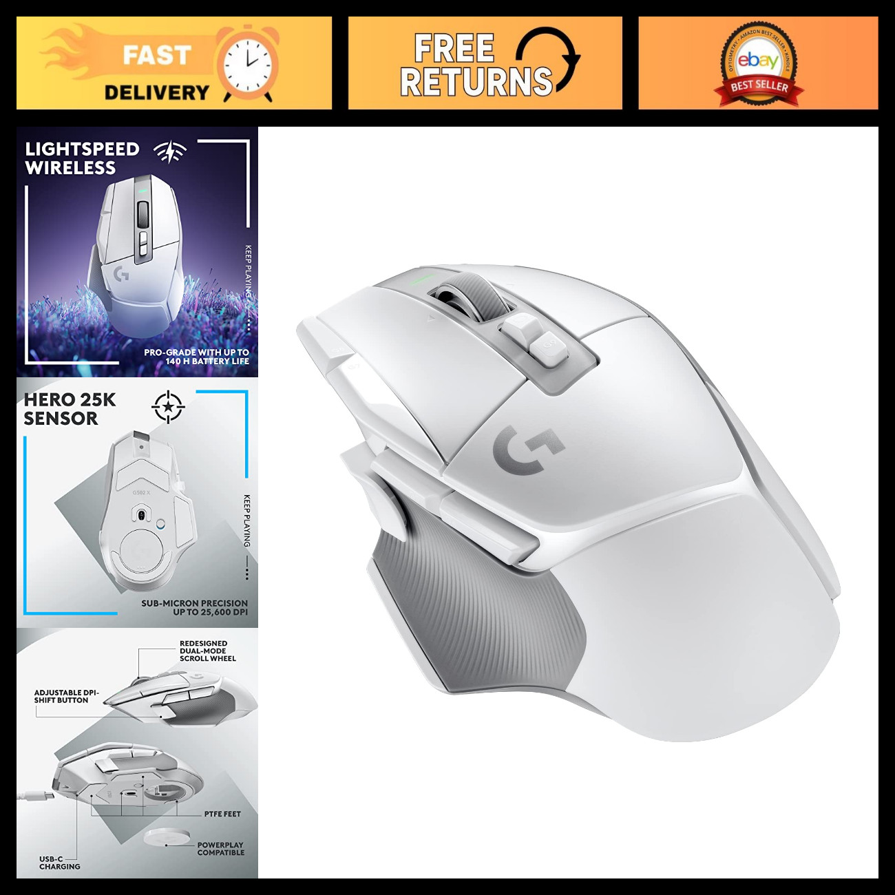 Wireless Gaming Mouse - G502 X Lightspeed, Ergonomic Design, RGB Lighting, High
