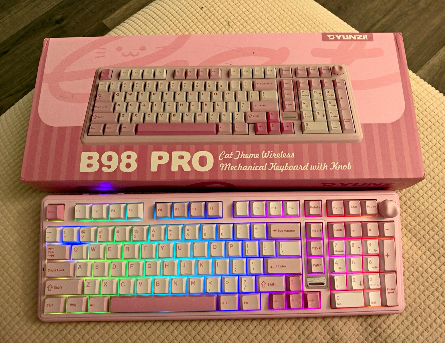 YUNZII B98 PRO Tri-Mode Mechanical Keyboard Knob Hot Swappable RGB Pink/White