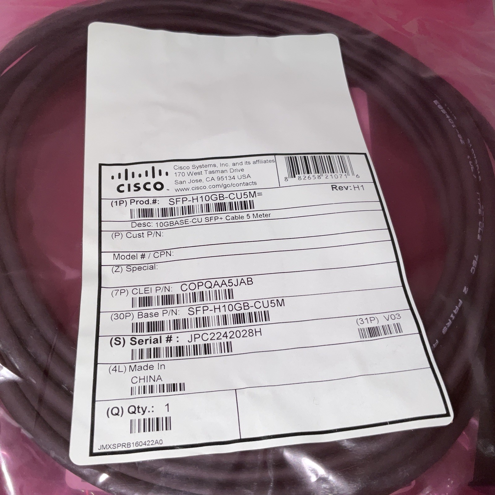 Cisco SFP-H10GB-CU5M Cable Lot Of 6 Cables Brand New SFP+ Cable 5 Meter