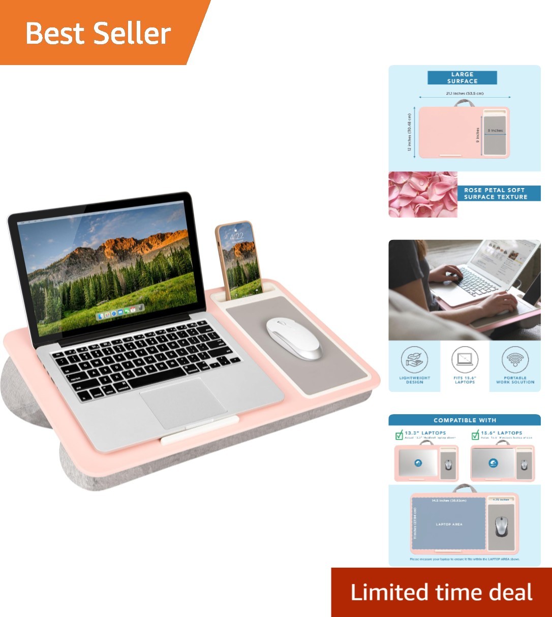 Spacious Pink Lap Desk with Built-in Mouse Pad & Phone Slot - Fits 15.6" Devices