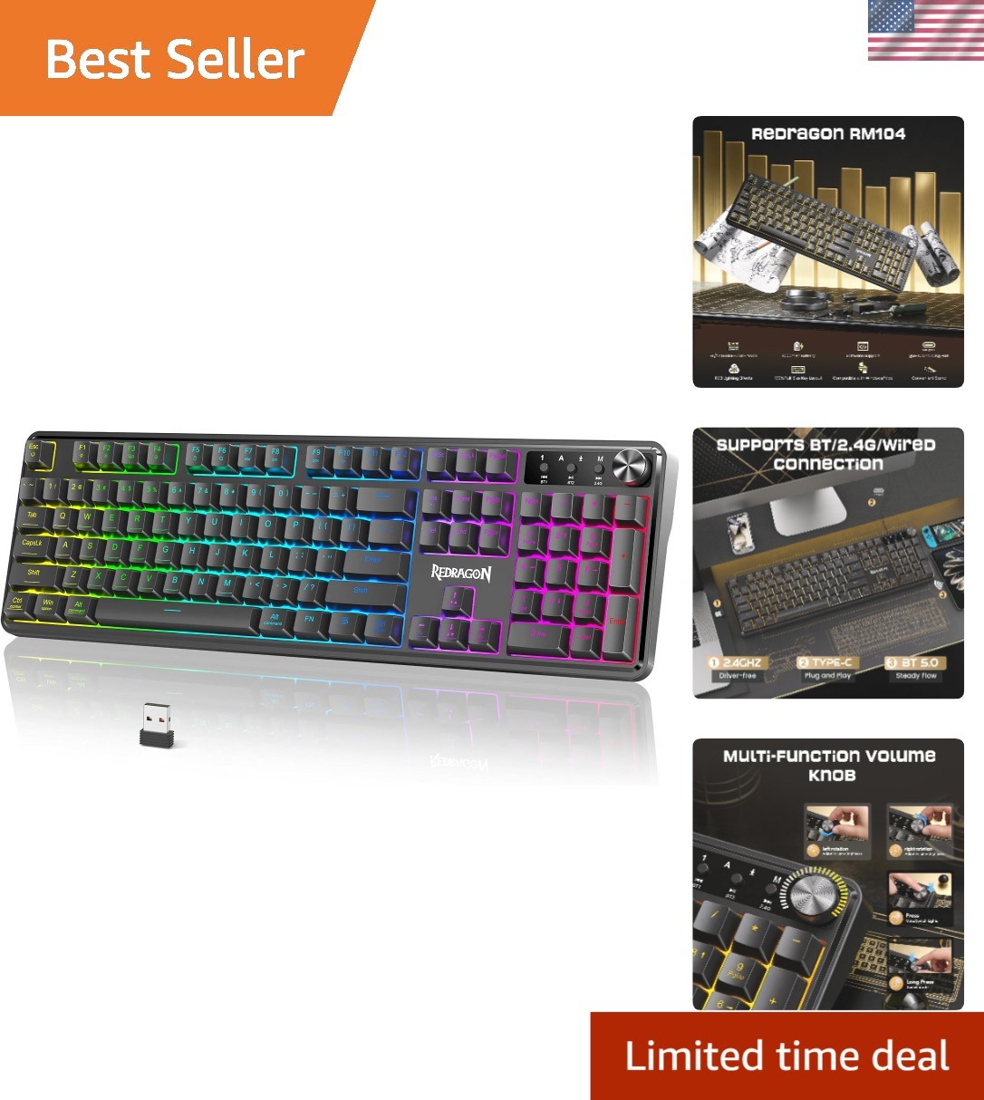 RM104 Wireless Gaming Keyboard with Knob, Tri-Mode BT/2.4G/USB-C RGB Computer...