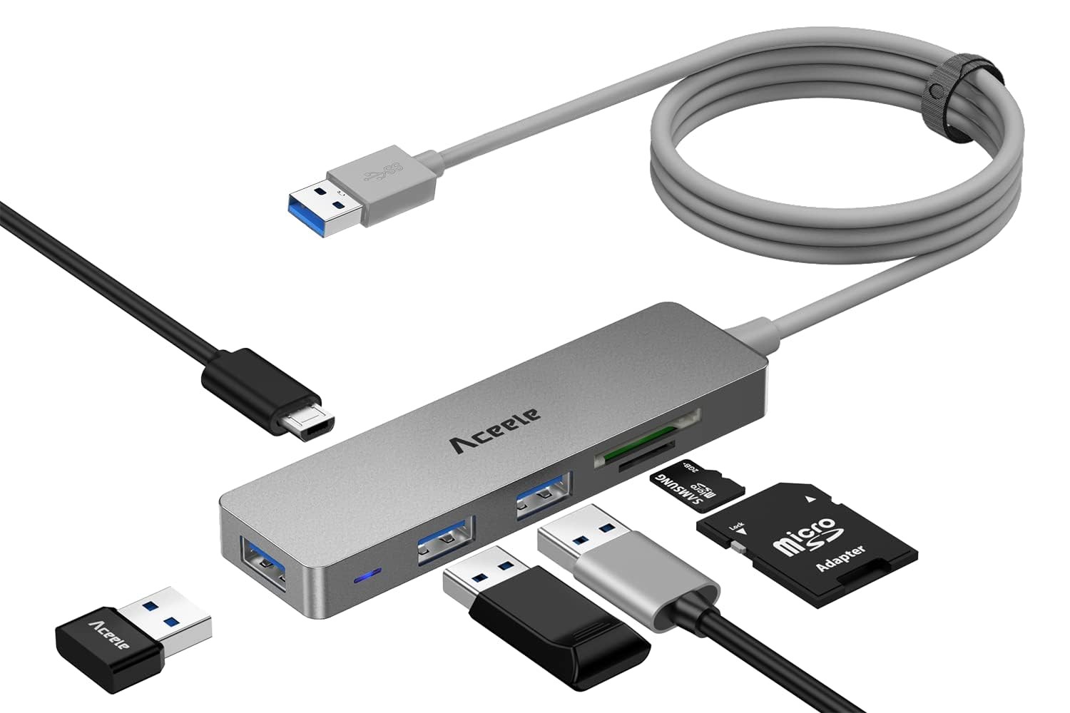 Aceele 5Gbps USB 3.0 Hub, 6 in 1 Ultra Slim 6-in-1 Hub (120cm), Grey