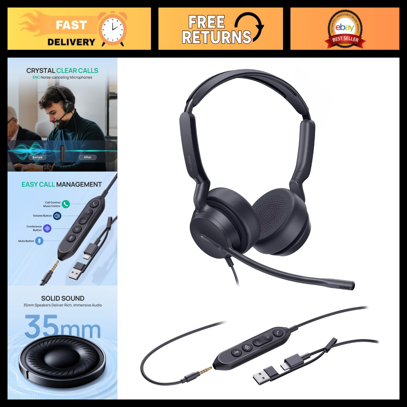 Wired Headset with USB-A/C & 3.5mm, In-Line Controls, On-Ear Design, Noise-Cance