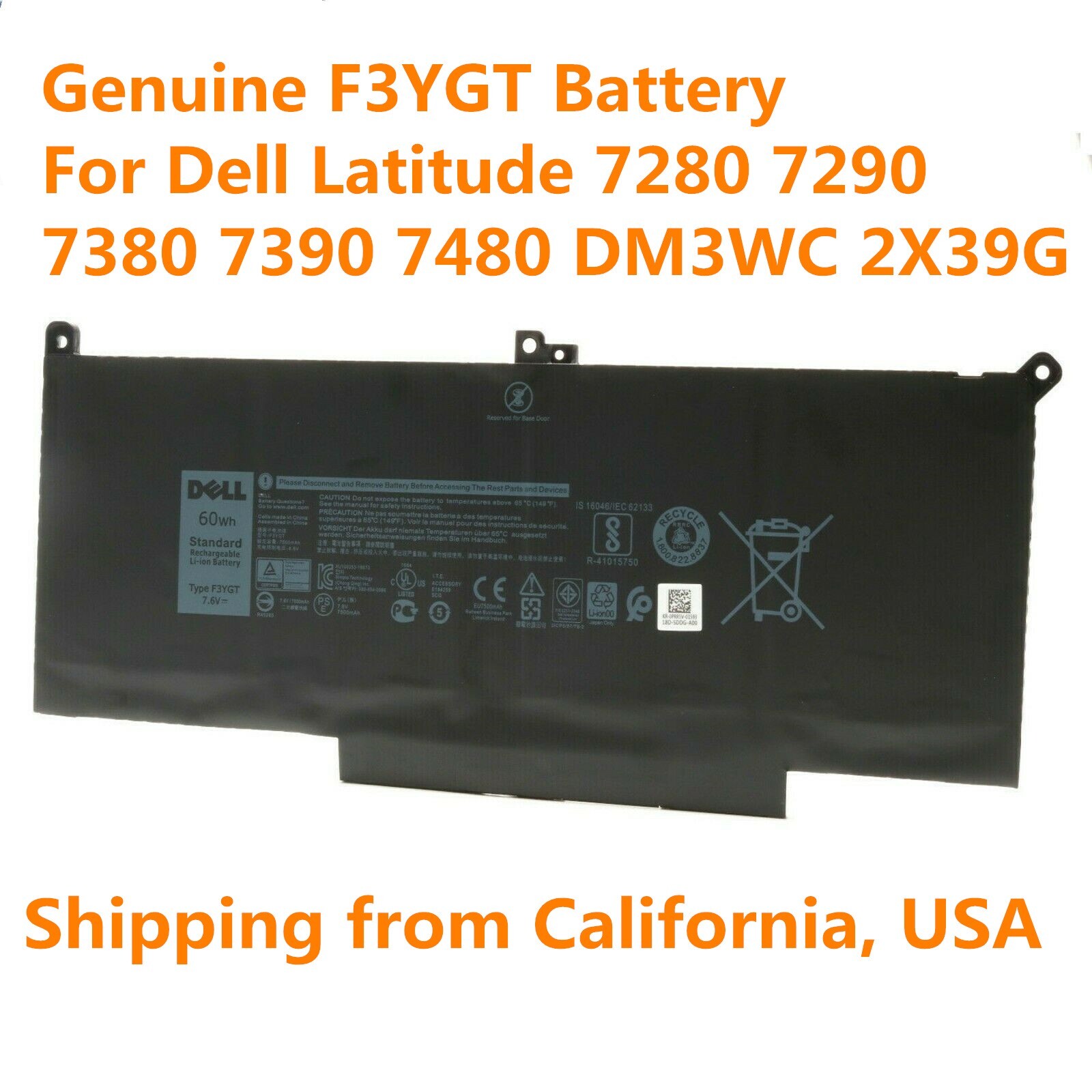 Genuine F3YGT Battery For Latitude E7280 E7380 E7480 E7290 E7390 E7490/OEM 60wh