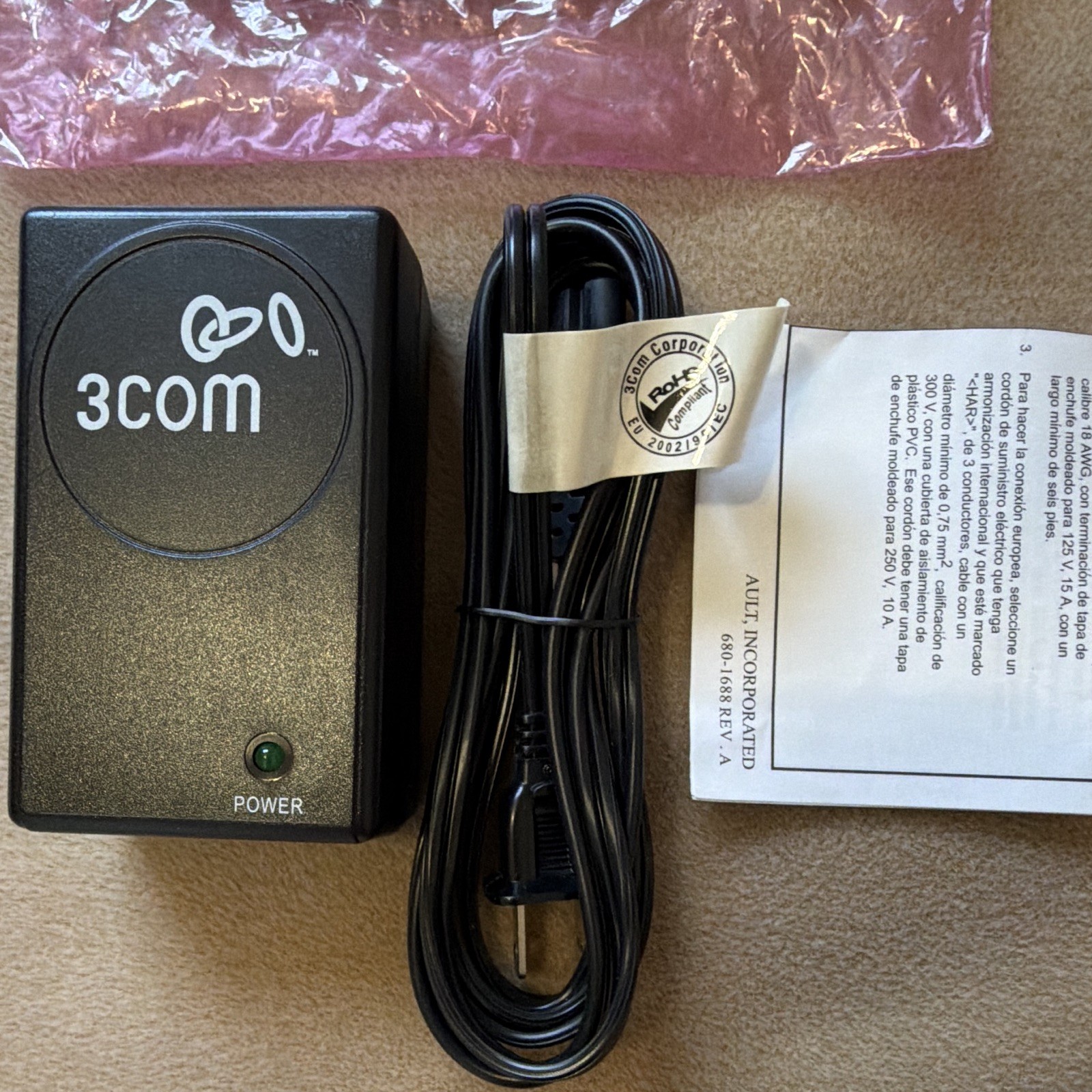 3Com Network Jack Power Supply Adapter 3CNJPSE w/ AC Cord, US 2-Prong