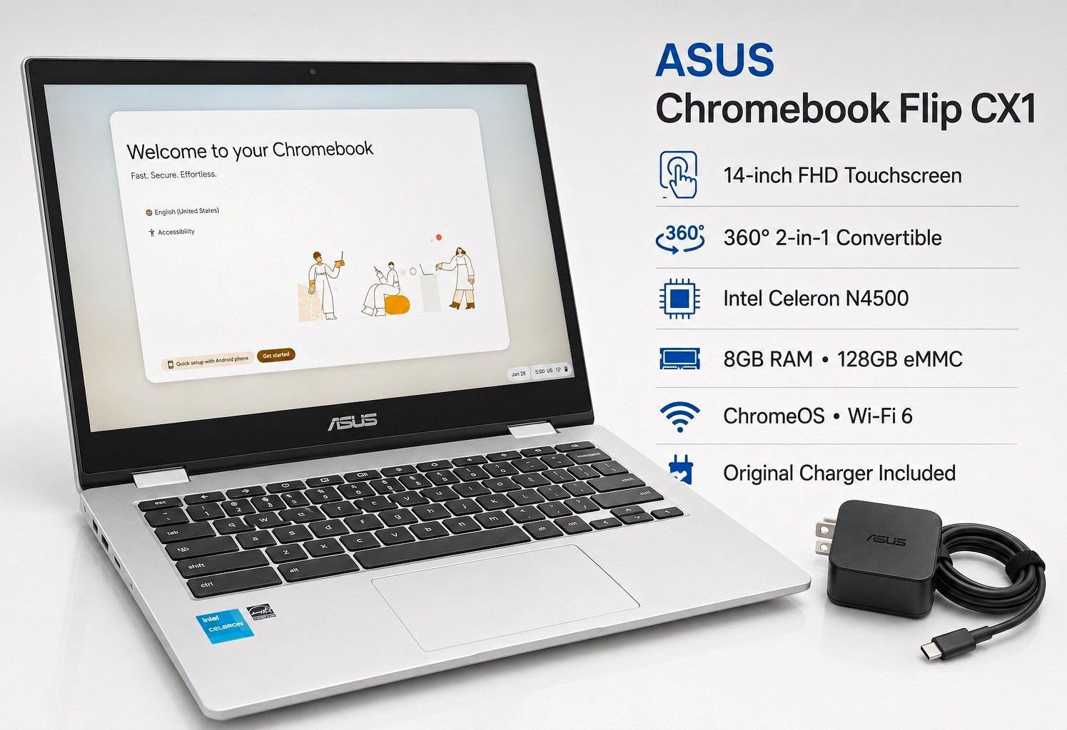 ASUS Chromebook Flip CX1 14” Touch N4500 8GB 128GB 2-in-1 Open Box