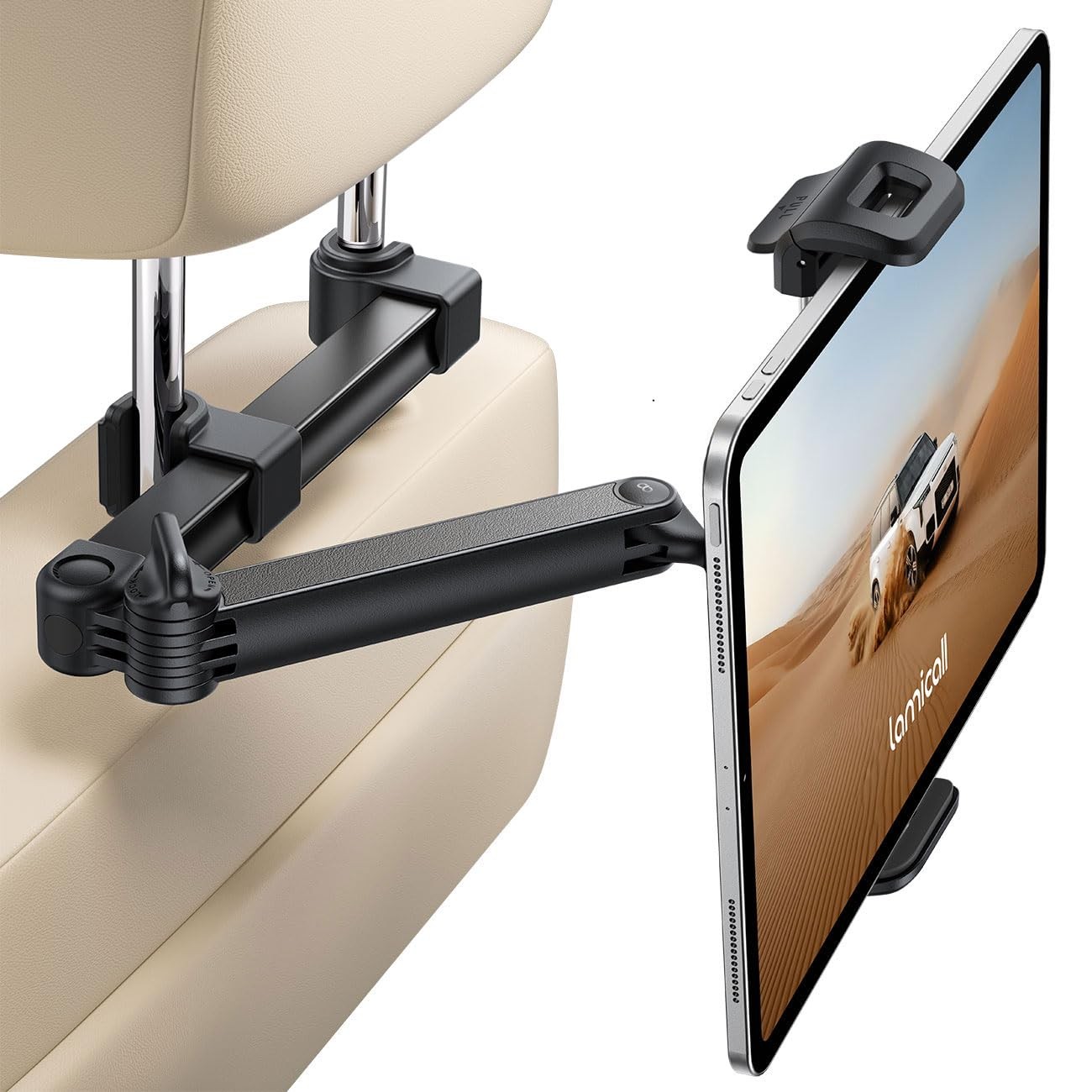 Lamicall Car Headrest Tablet Holder, Foldable Clip, Lockable Black