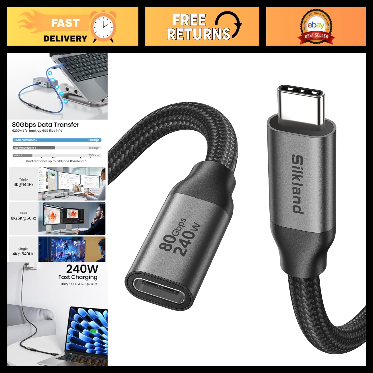 80Gbps USB4 USB C Extension Cable 240W for Thunderbolt 5/4 - 3.3FT High-Speed