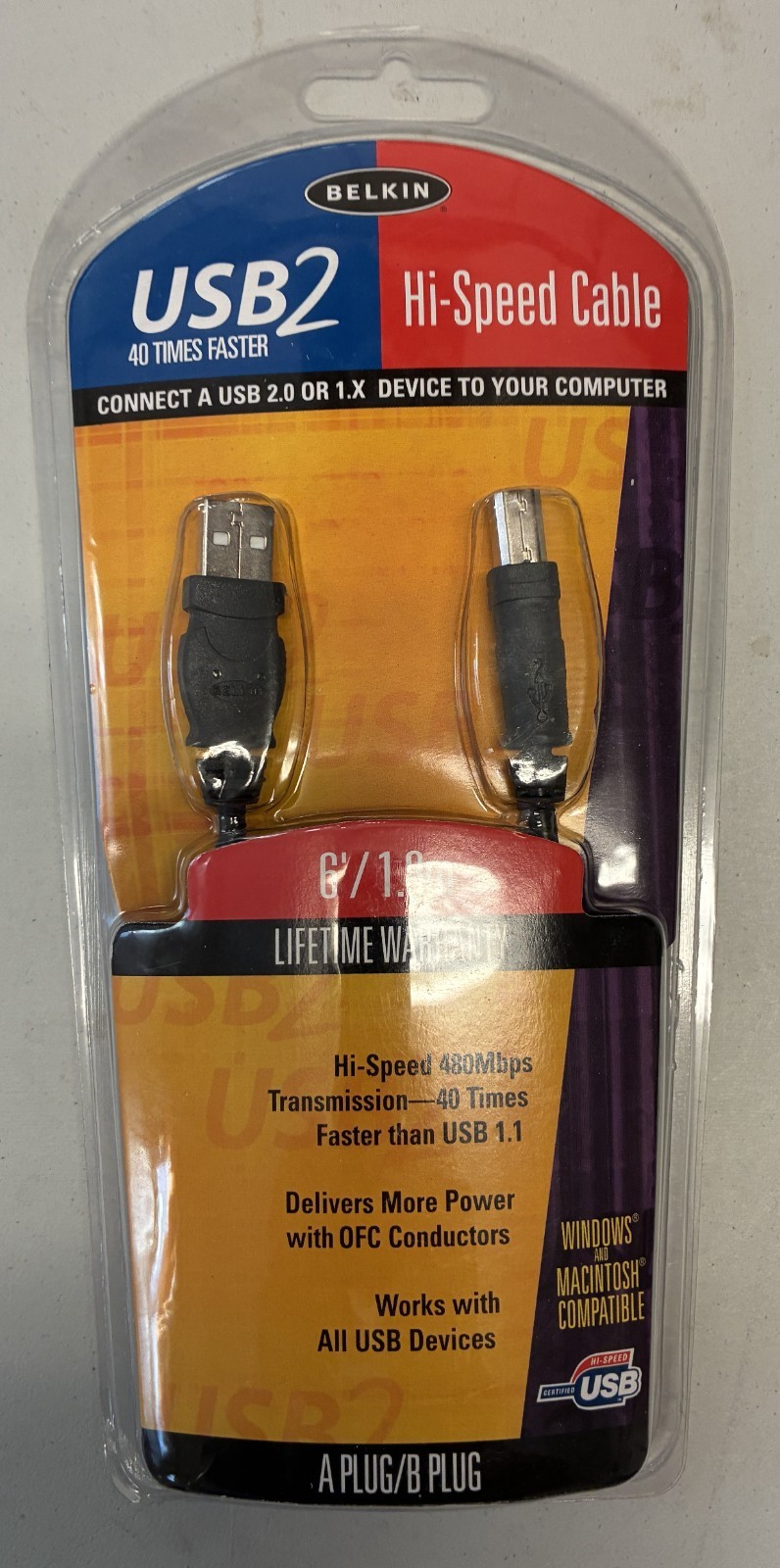 Belkin USB 2 2.0 Cable 6ft USB A Plug 2 B Plug Model F3U133-06 New Sealed