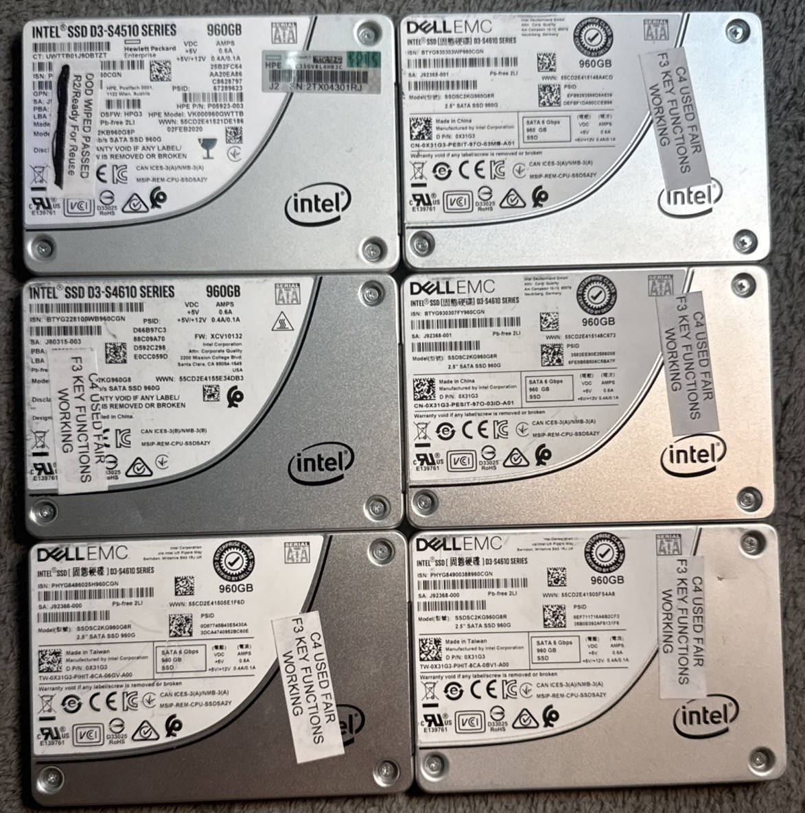 Lot Dell/Intel D3-S4610 960GB SSDSC2KG960G8R SATA 6Gb/s 3D TLC 3 DWPD 2.5" SSD