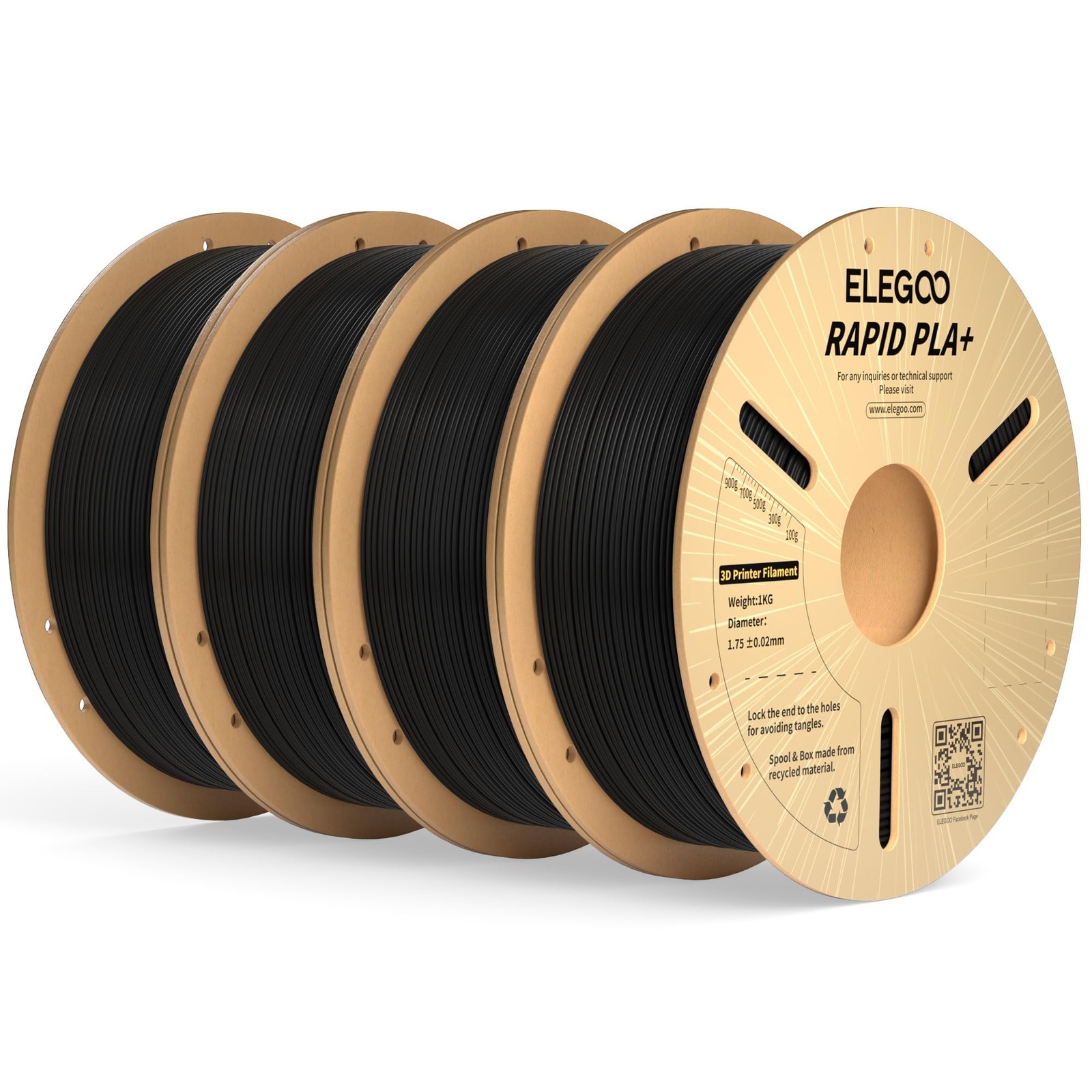 ELEGOO Rapid PLA Plus 3D Printer Filament 1.75mm Black 4KG