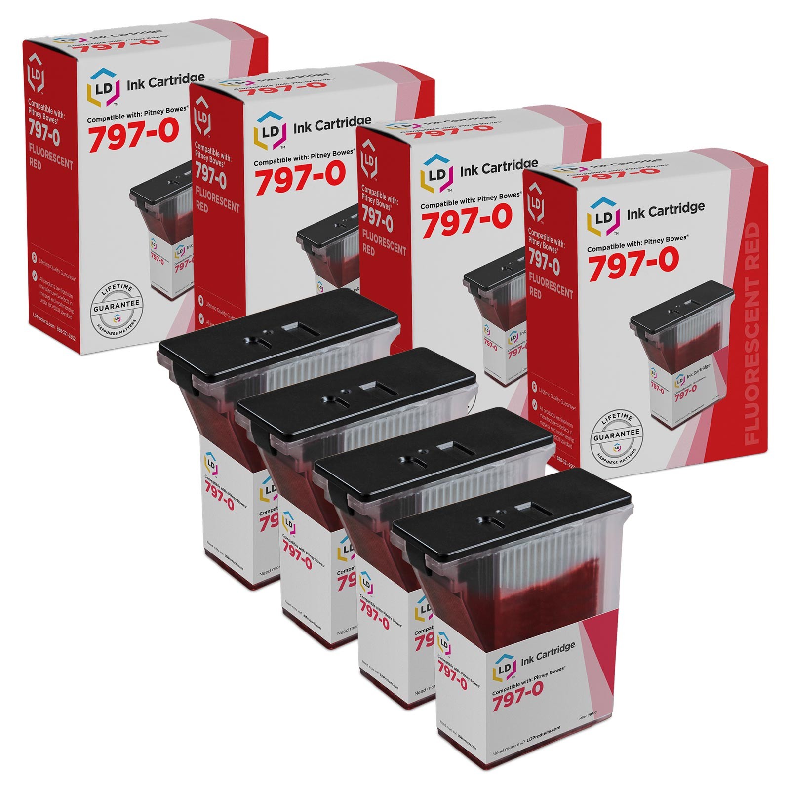 LD Compatible Pitney Bowes 797-0 4PK Fluorescent Red Ink Cartridges for K700