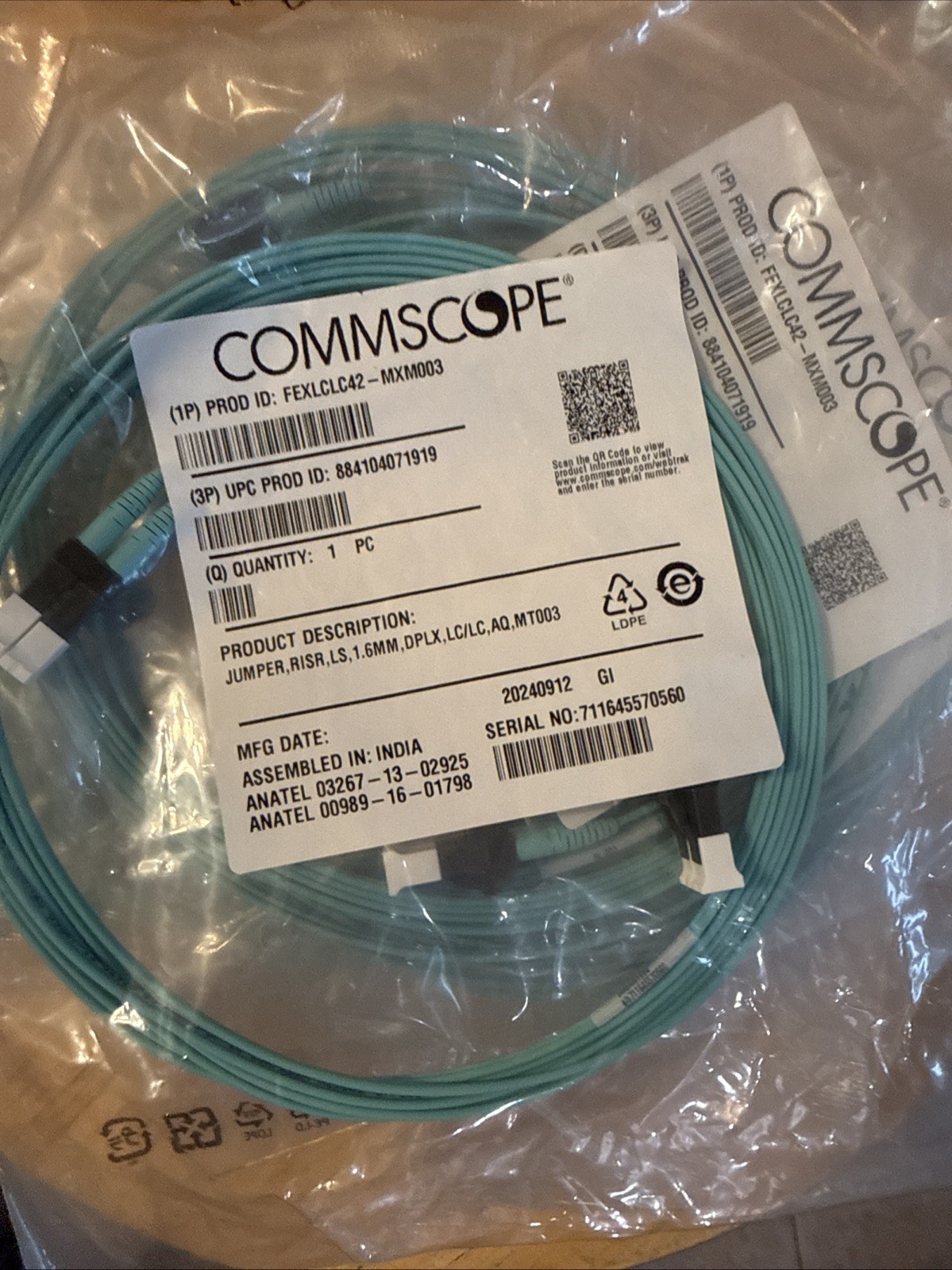 Lot Of 5 Brand New Commscope OM3 LC/LC 3M Fiber Jumper FEXLCLC42-MXM003