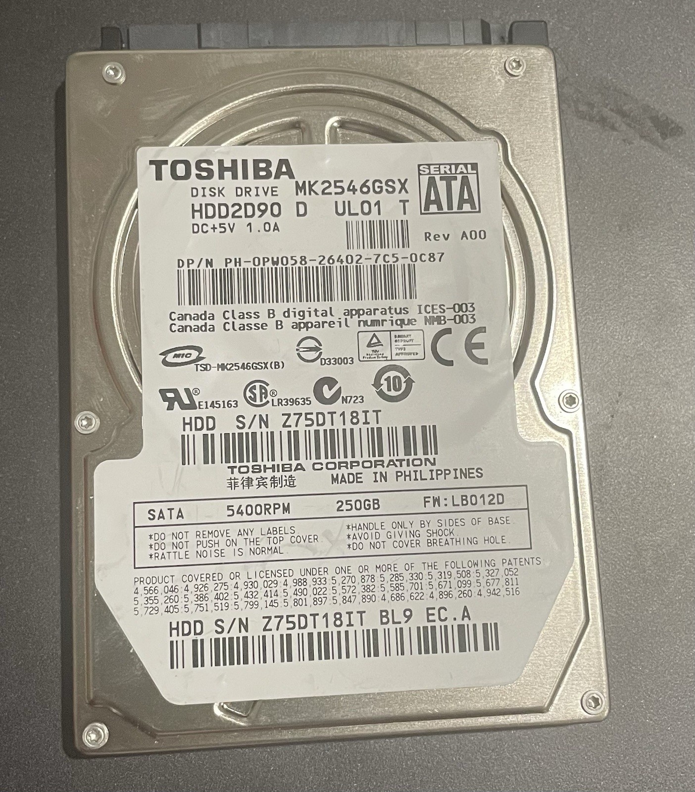 Toshiba MK2546GSX 250GB Internal 5400rpm SATA 2.5" Laptop HDD, Tested