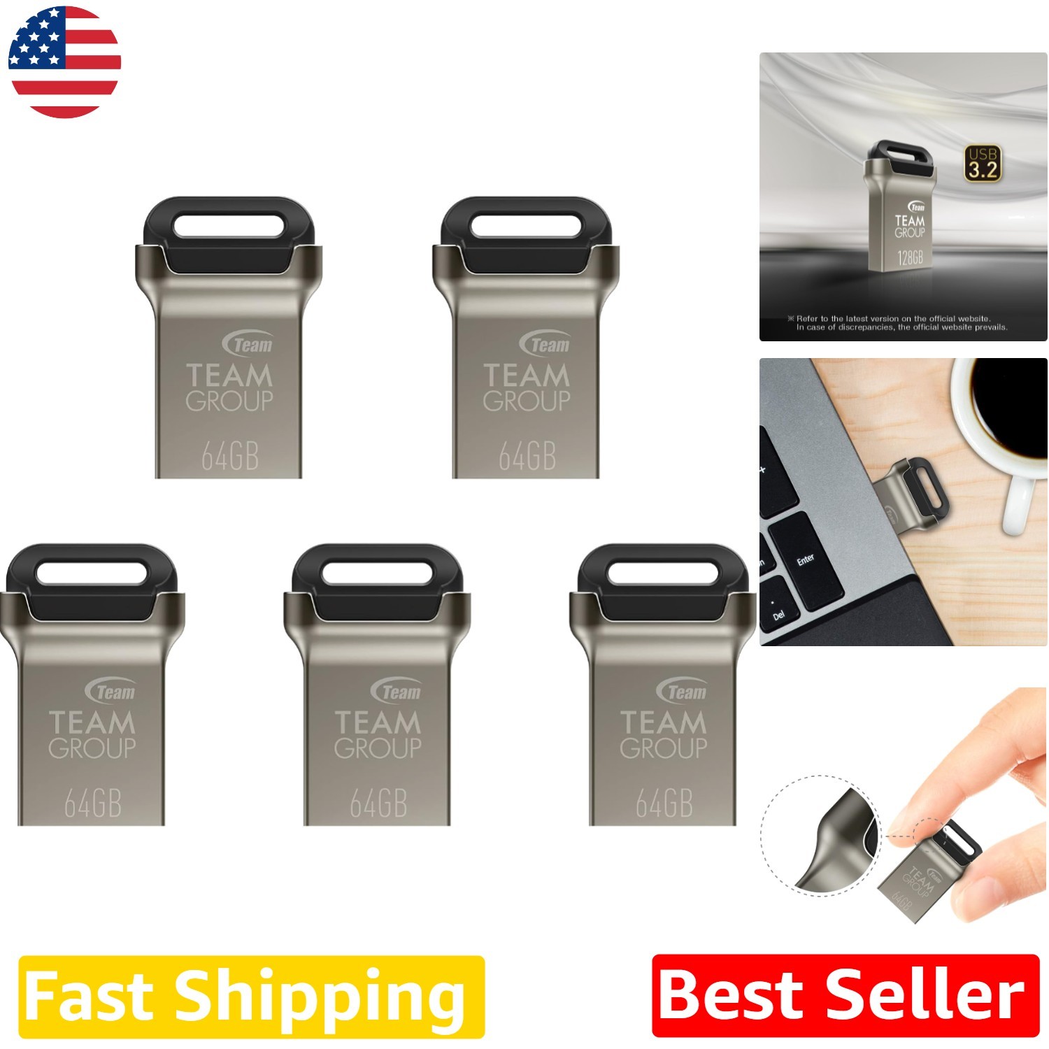 64GB USB 3.2 Metal Thumb Drives (5 Pack) - Waterproof, Fast Read Speed