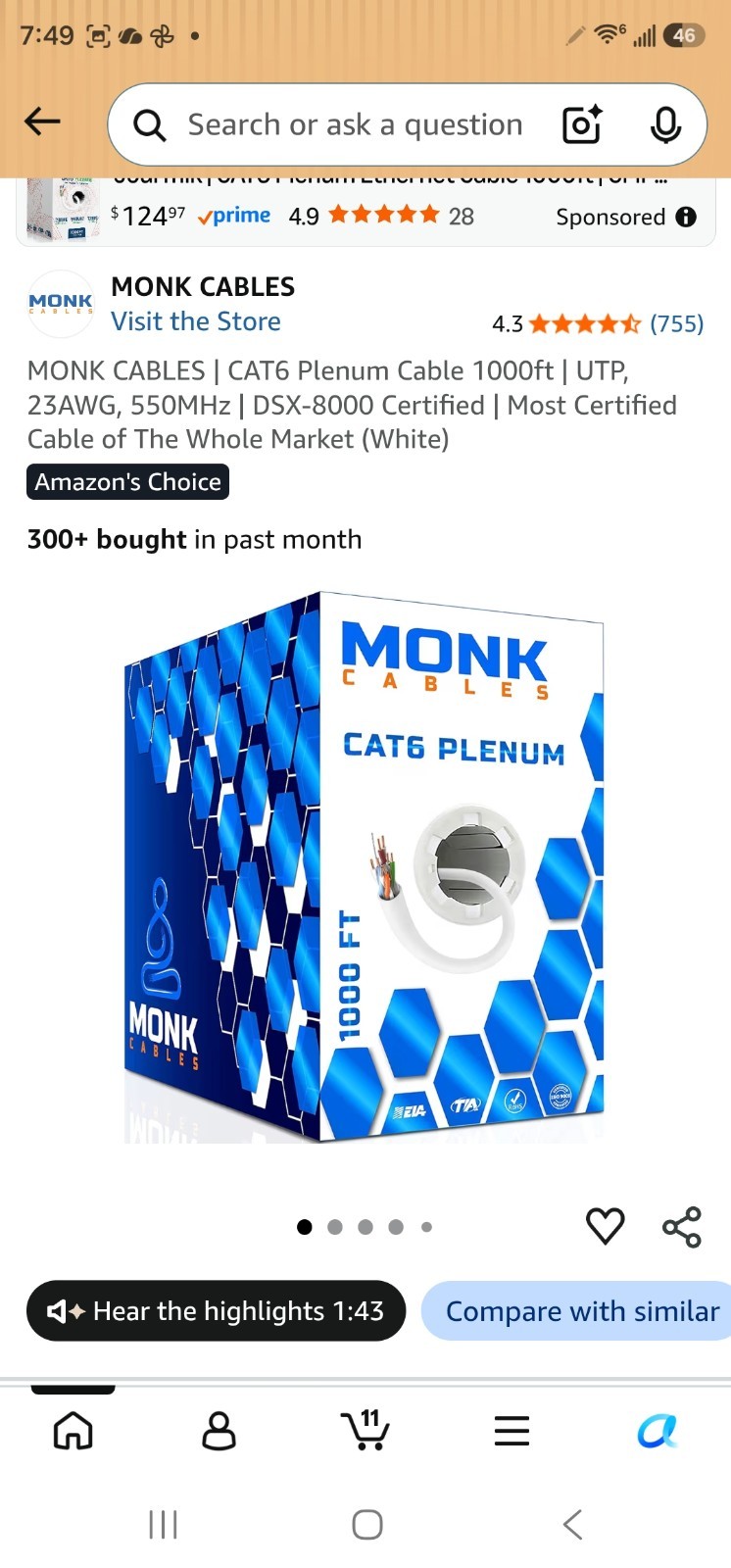 Cat6 Plenum 1000ft CMP Internet Wire 23AWG 550MHz UTP Ethernet Cable White ✅