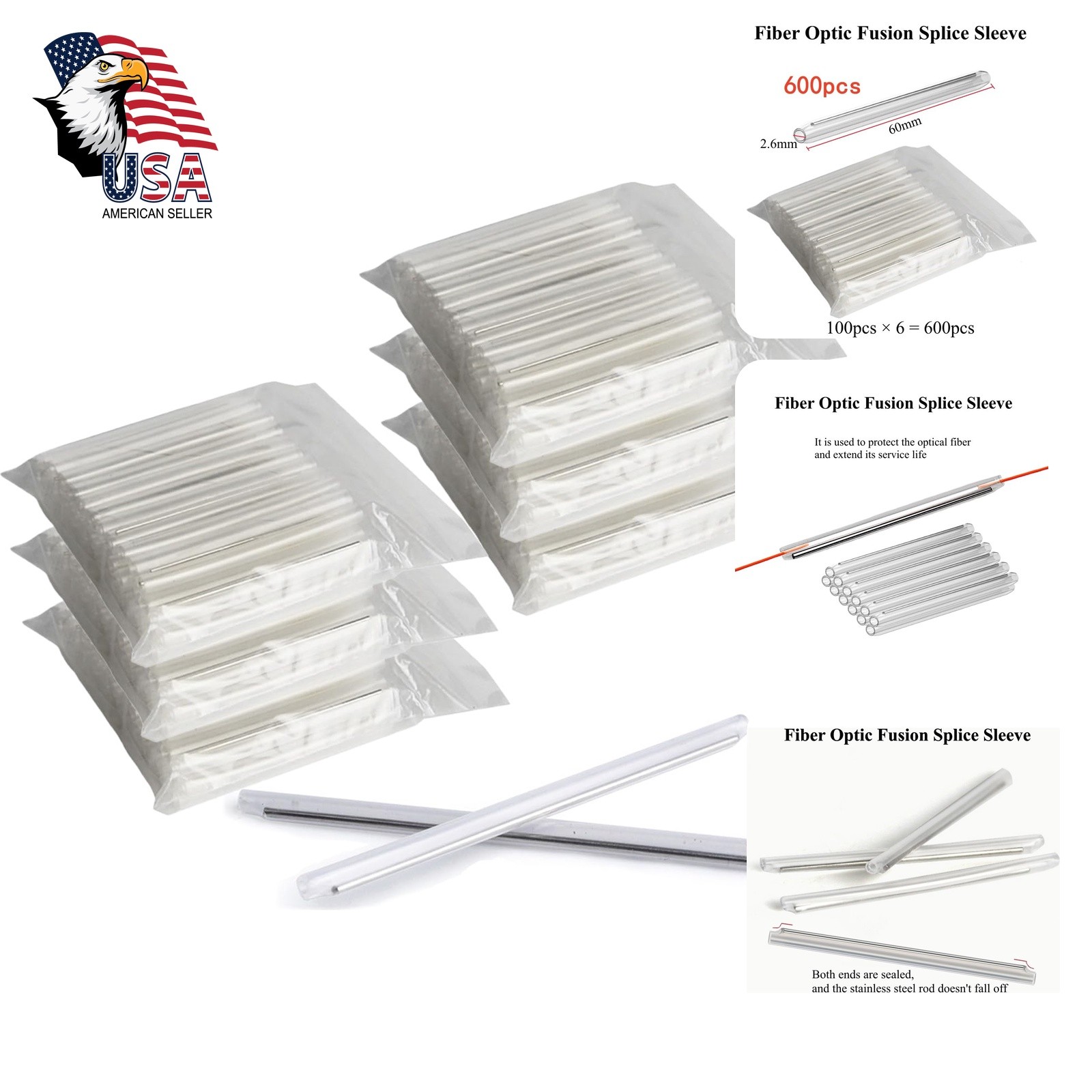 QUNNIE 600pcs 2.6mm x 60mm Fiber Optic Sleeve