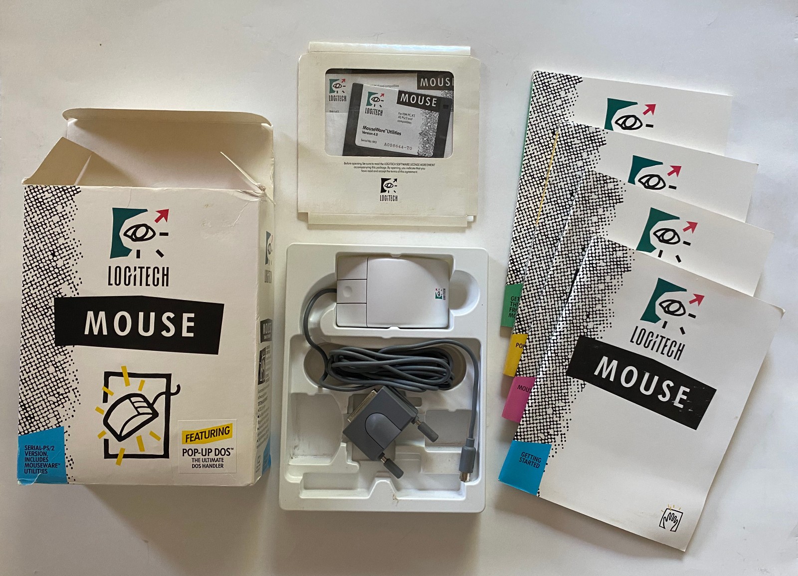 VINTAGE 1988 LOGITECH CA-93-6MD SERIAL PS/2 3-BUTTON MOUSE + MANUALS MADE IN USA