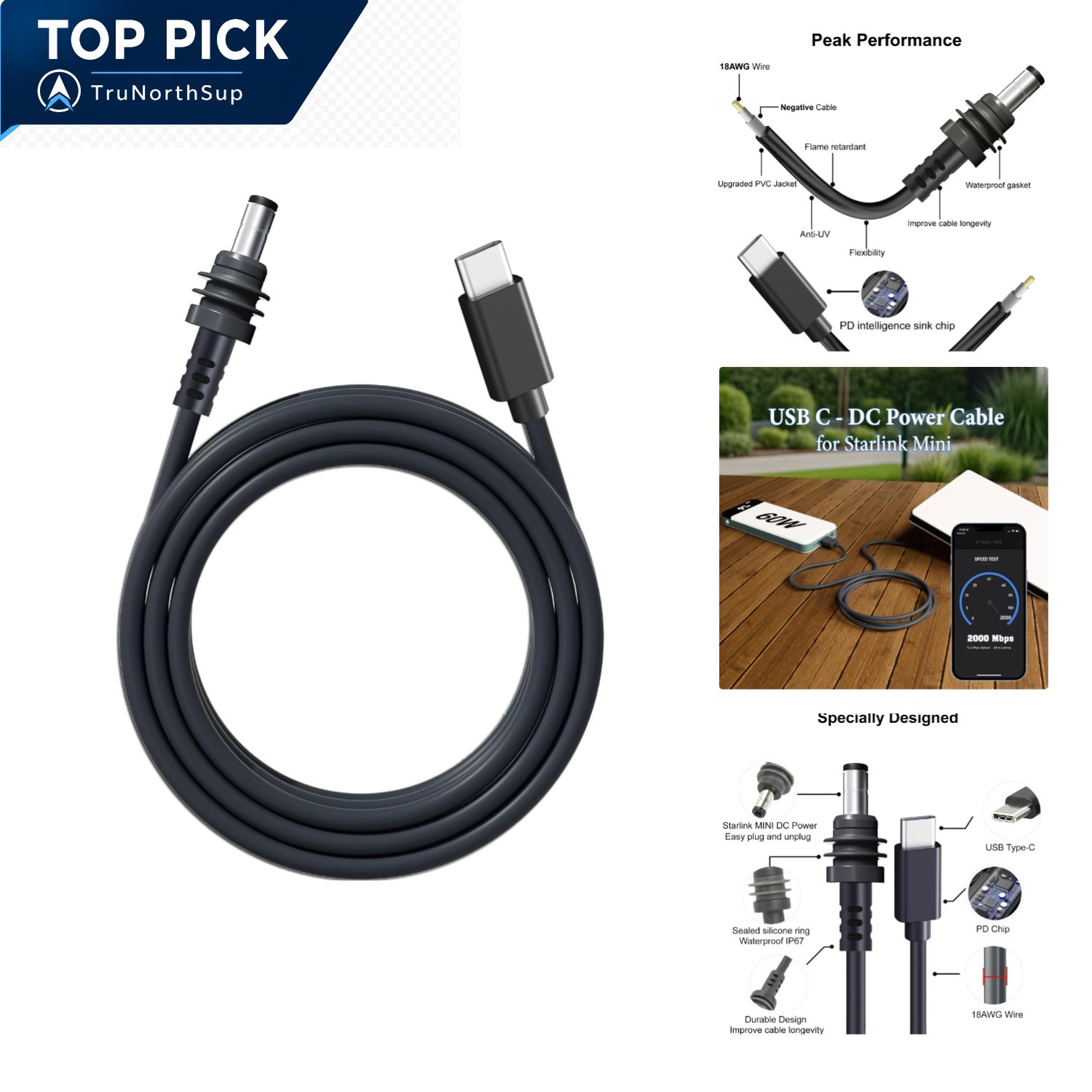 Starlink Mini USB C to DC Power Cable 6.5ft Waterproof 20V 45W Compatible wit...