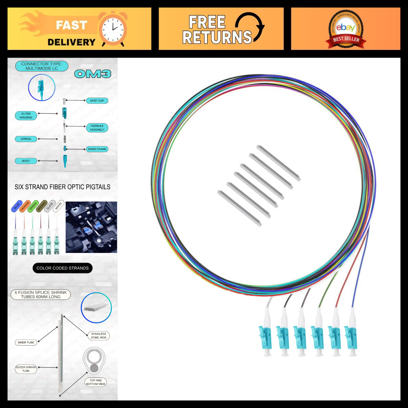 6 Strand LC OM3 Fiber Optic Pigtails for Fusion Splicing + 6 Shrink Sleeves