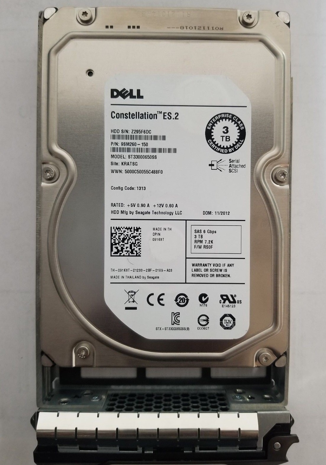 91K8T 091K8T ST33000650SS DELL 3TB 7.2K 6G LFF 3.5'' SAS HDD HARD DRIVE W/TRAY