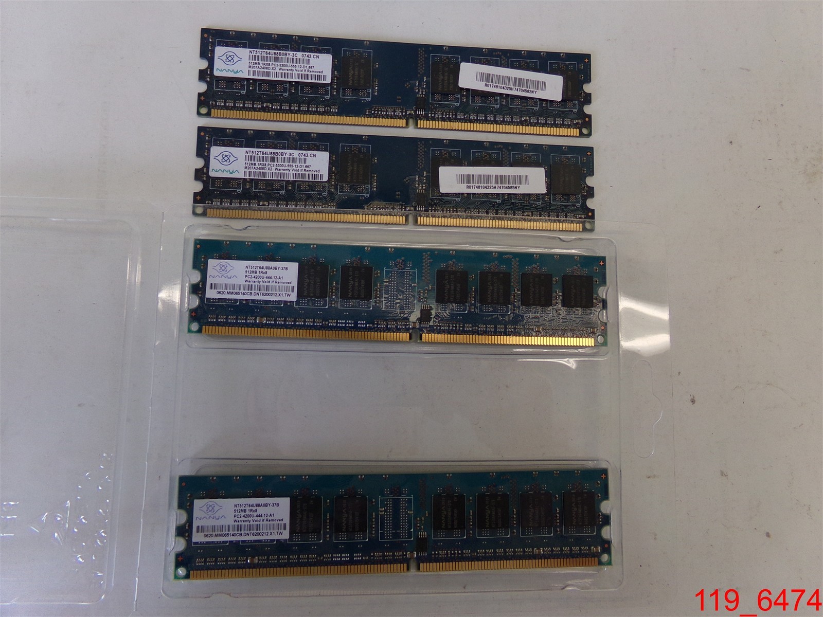 Qty=4: Nanya 512MB RAM NT512T64U88B0BY-3C (2) & NT512T62U88A0BY-37B (2)