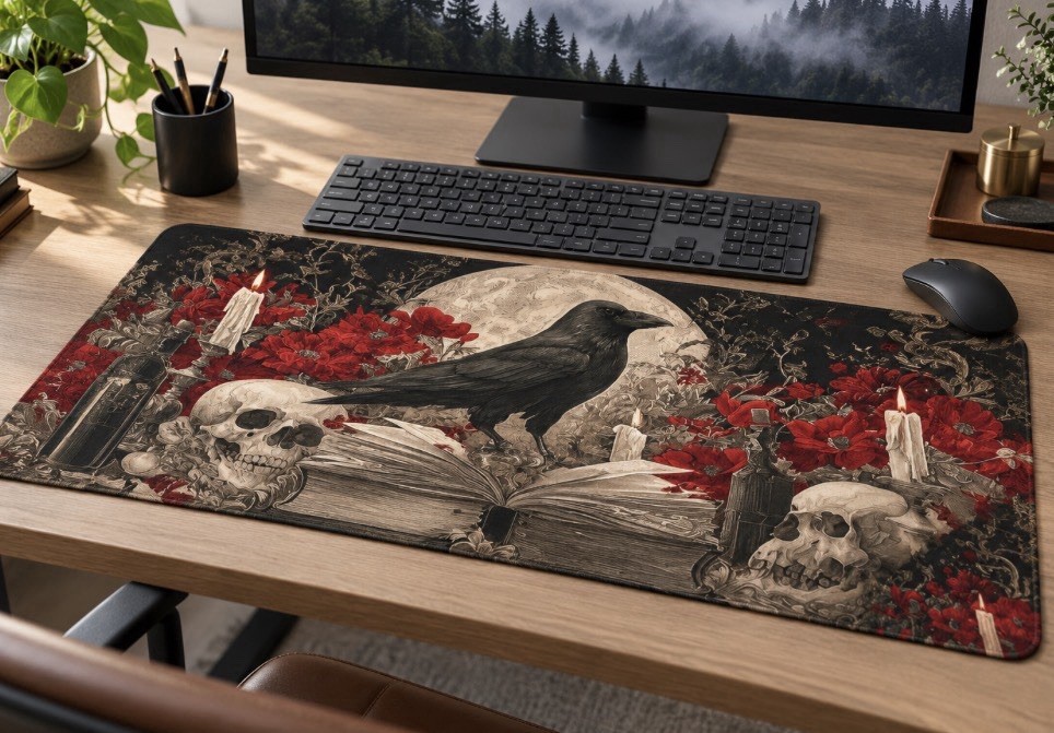 Skull and Dark Floral Desk or Gaming Mat | Gothic Raven Skull Halloween Mousepad