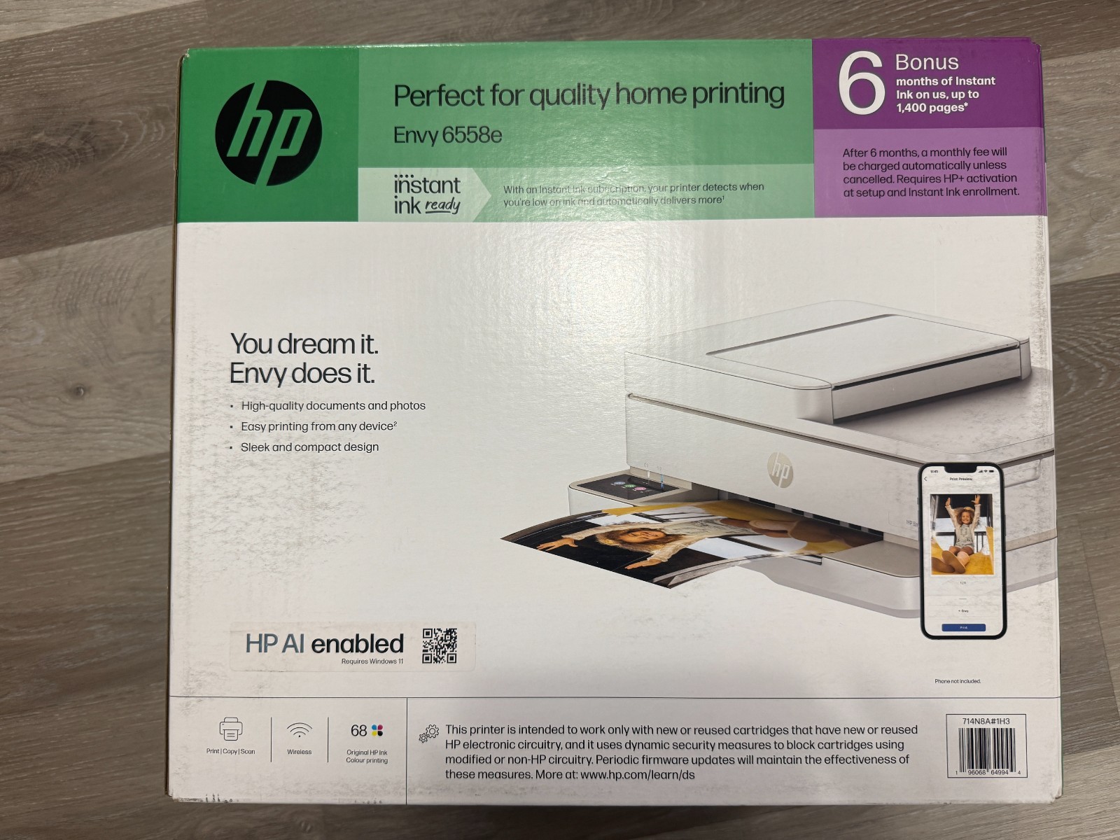 HP Envy 6558E Wireless All-in-One Color Photo Inkjet Printer White NEW Sealed