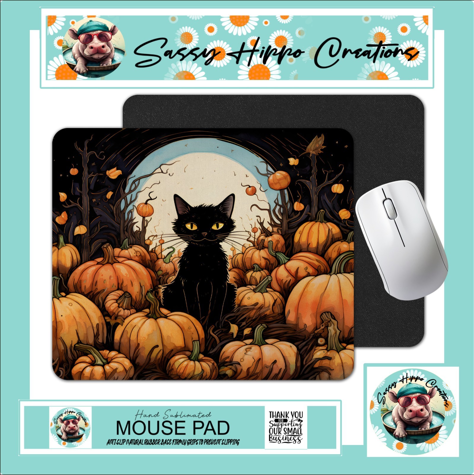 Mouse Pad Black Cat Pumpkin Patch Moon Halloween Anti Slip Back Easy Clean