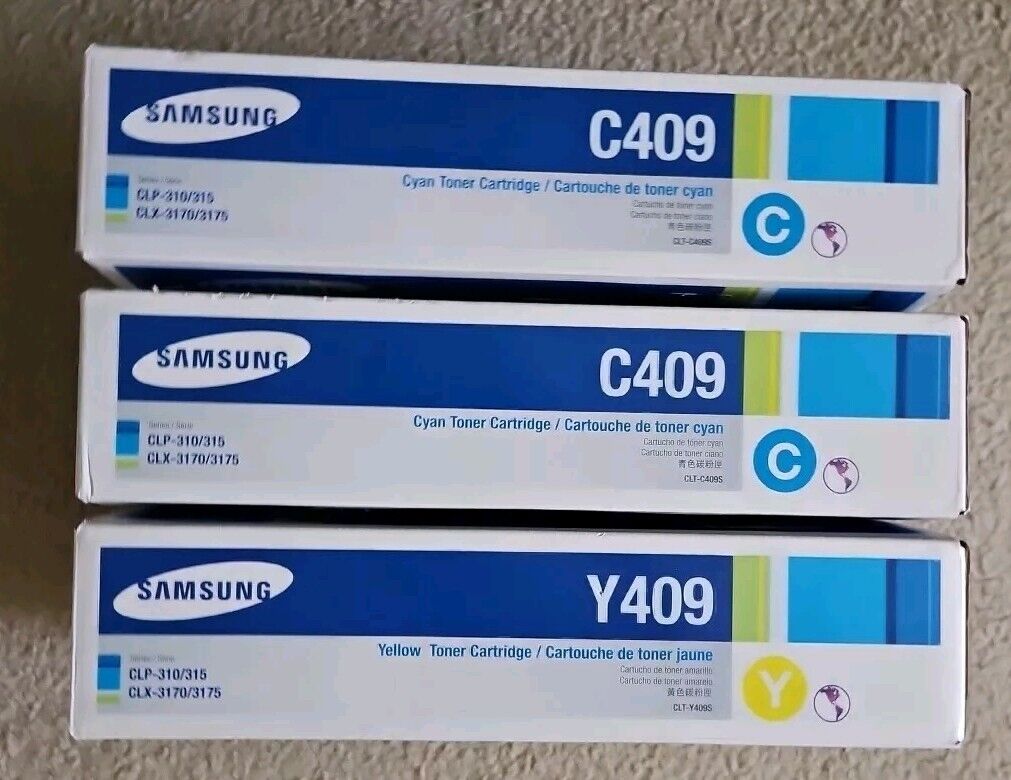 3x Genuine Samsung Ink Toner Cartridges: 2xCyan C409, 1xYellow Y409 NIB SEALED