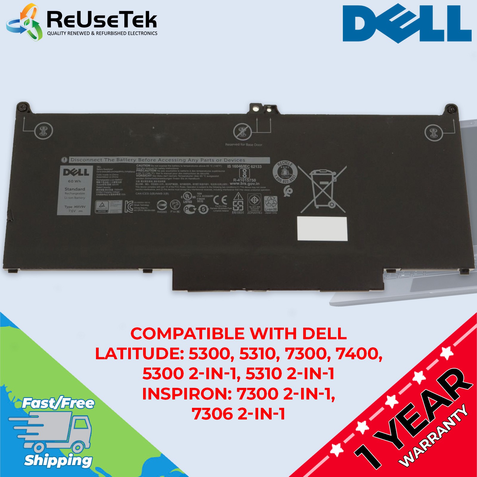 Genuine Dell 60Wh 7.6V 4-Cell Laptop Battery MXV9V Latitude 5300 5310 7300 7400