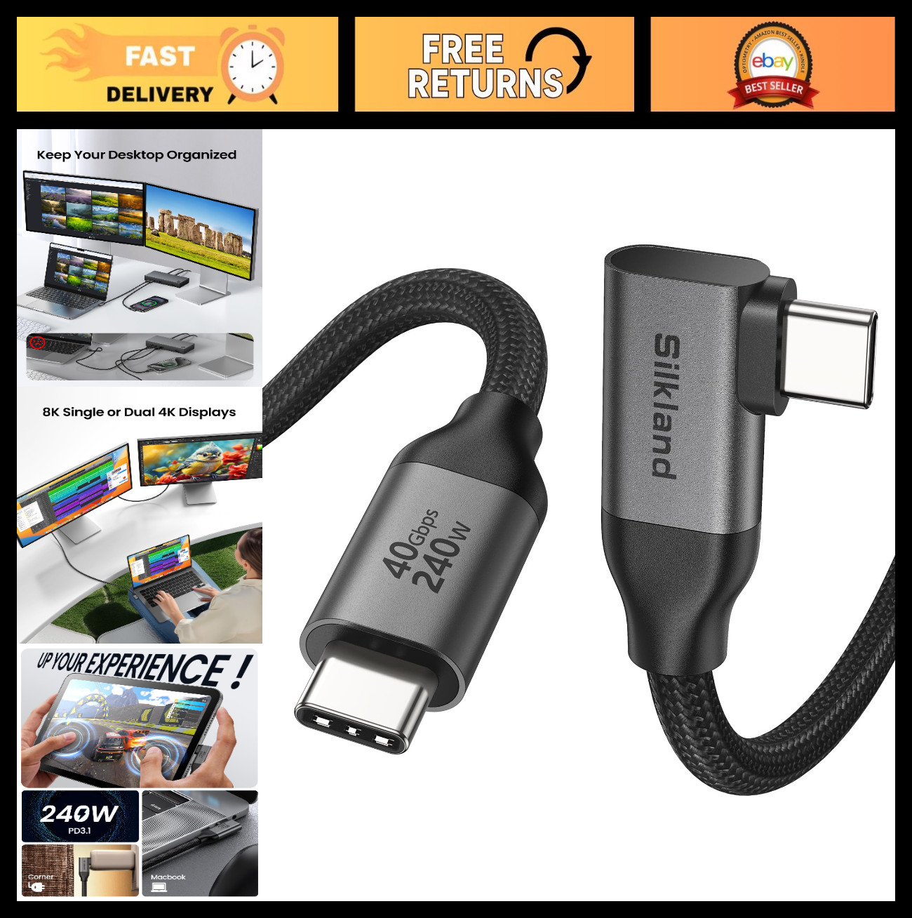 40Gbps USB 4 Right Angle Cable for Thunderbolt 4/3, 240W Power, 3.3FT Length