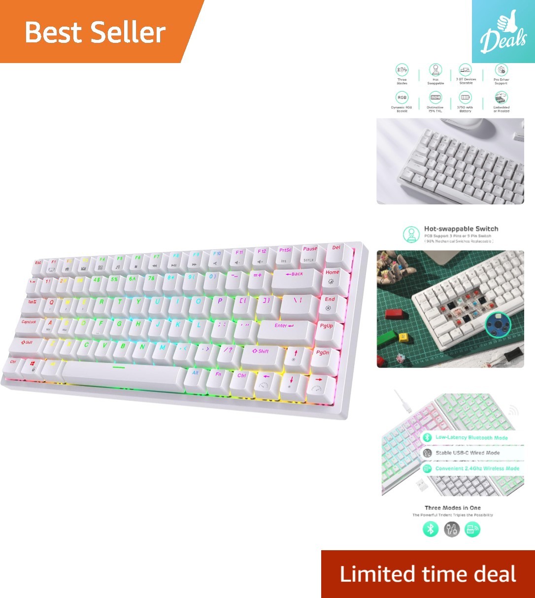 Compact RK84 Wireless 84-Key RGB Gaming Keyboard with Hot-Swappable Red Switches