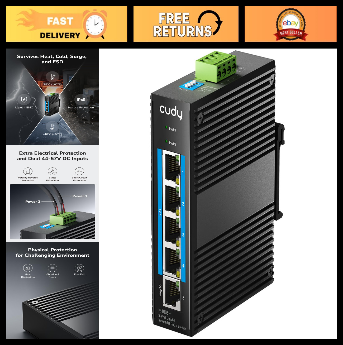5-Port Gigabit PoE+ Industrial Switch, DIN Rail Mount, Network Ethernet Hub