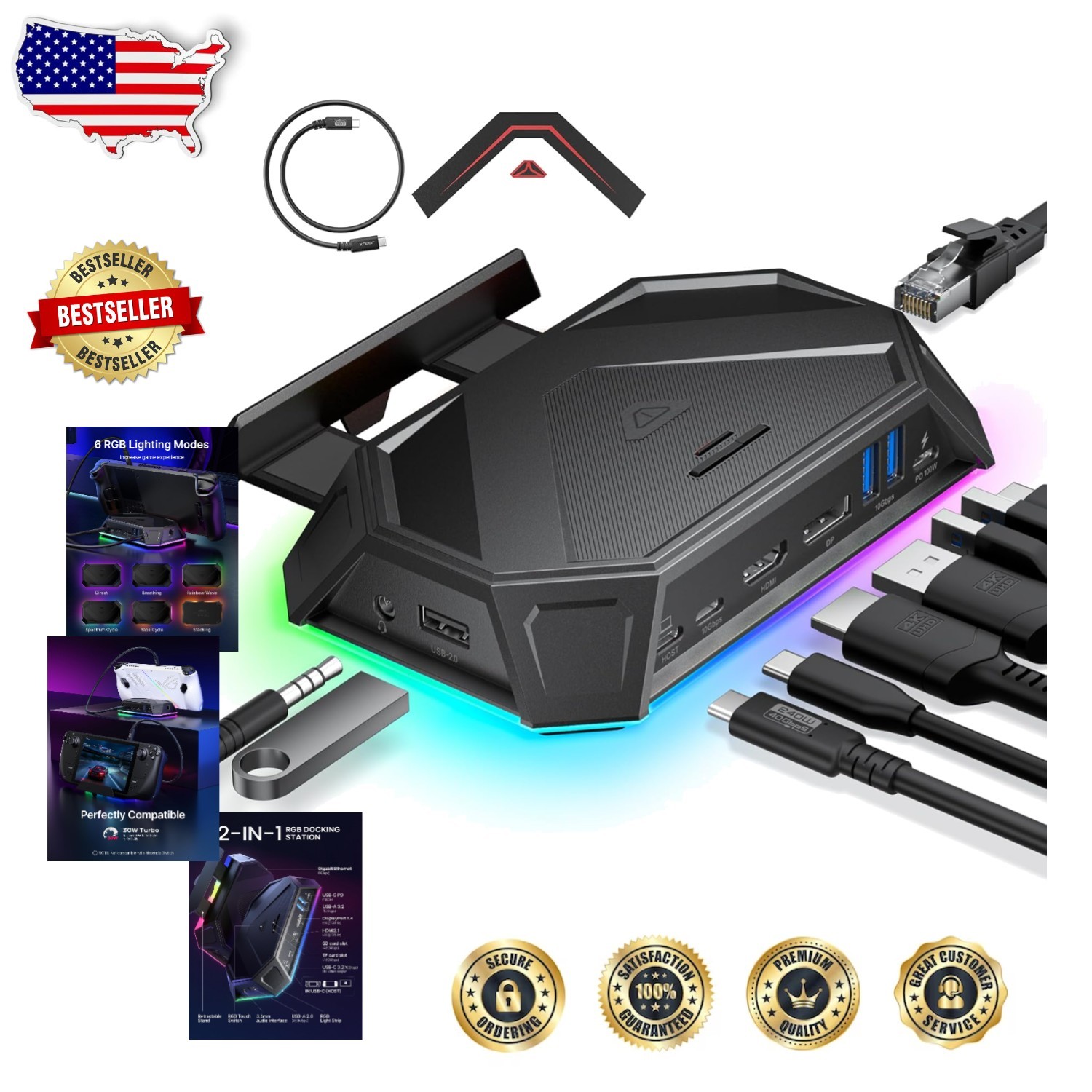 Steam Deck 12-in-1 RGB Docking Station | 4K@120Hz HDMI DP | 10Gbps USB C PD 100W