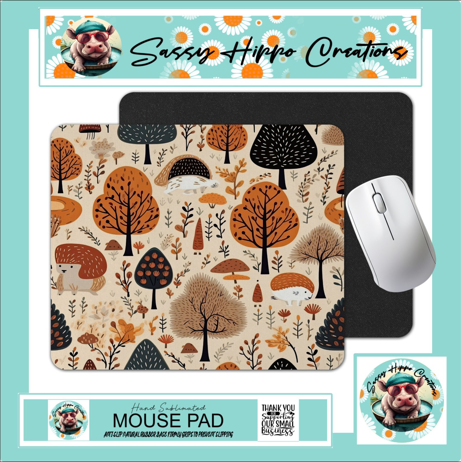 Mouse Pad Autumn Woodland Hedgehog Forest Anti Slip Back Easy Clean Sublimated