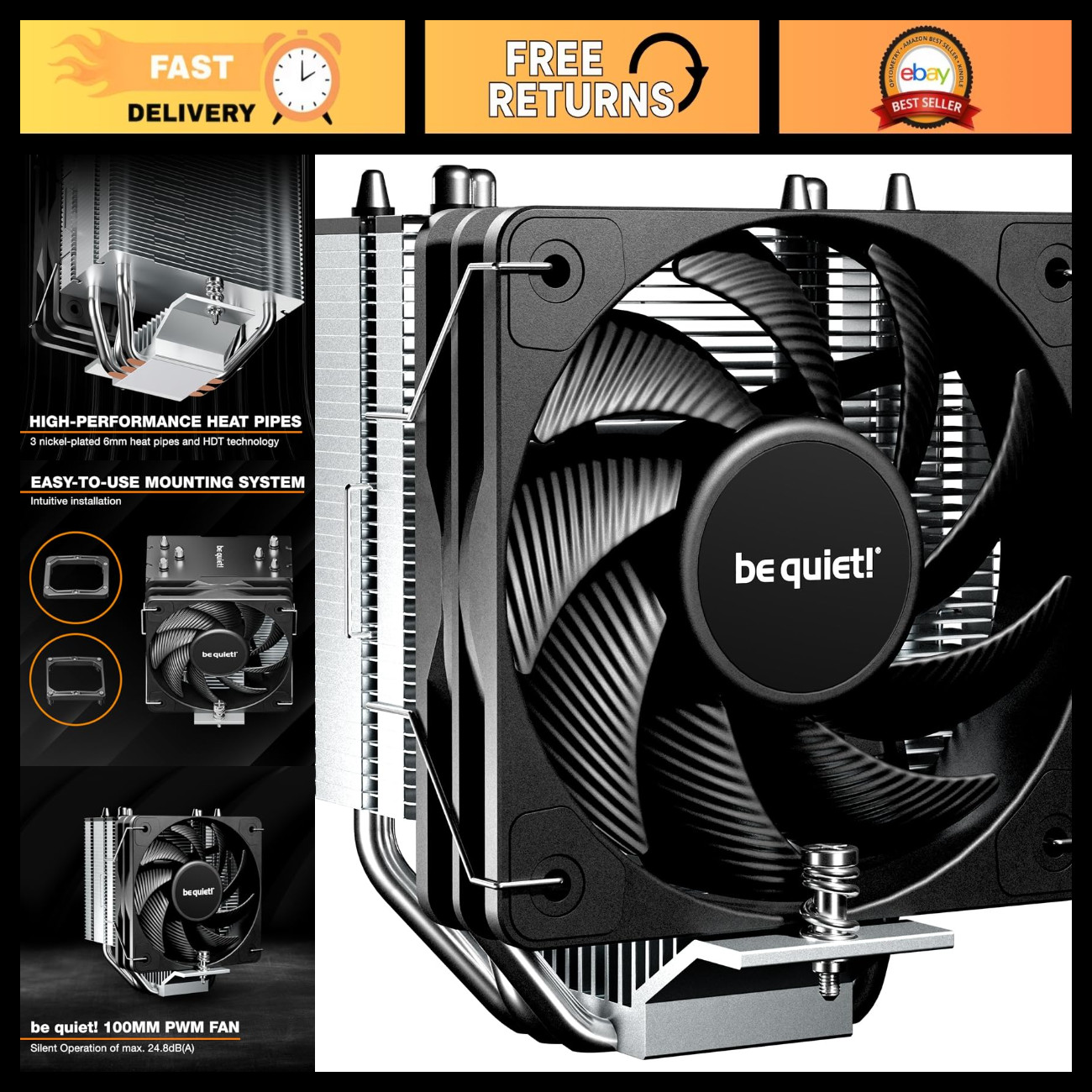 CPU Cooler 130W TDP, 100mm PWM Fan, 3 Heatpipes, Slim Tower Design, Quiet Coolin