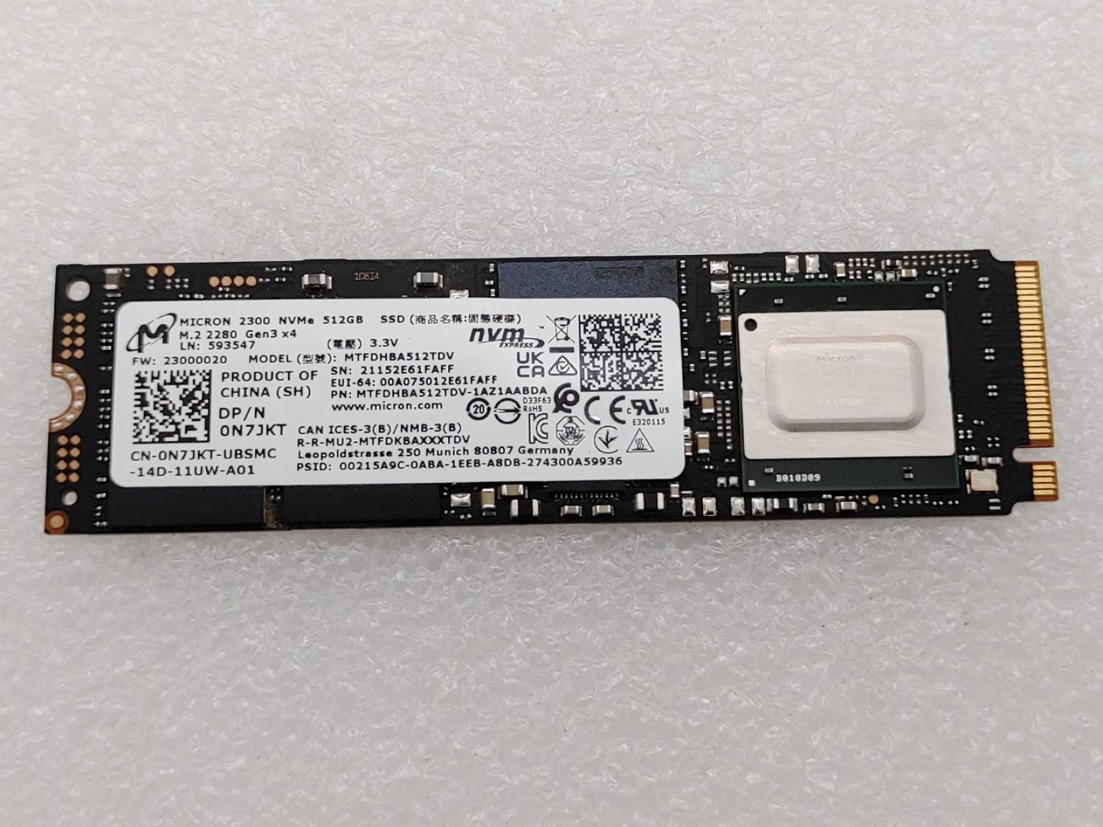 Micron 2300 512GB M.2 2280 NVMe PCIe Internal SSD MTFDHBA512TDV (91% Health)