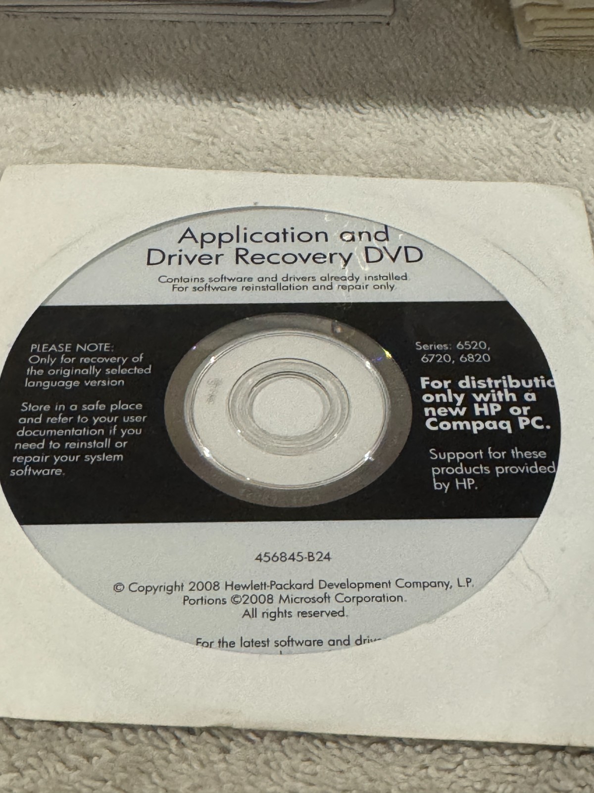 HP Application & Driver Recovery DVD Series 6520 6720 6820 - CD ONLY