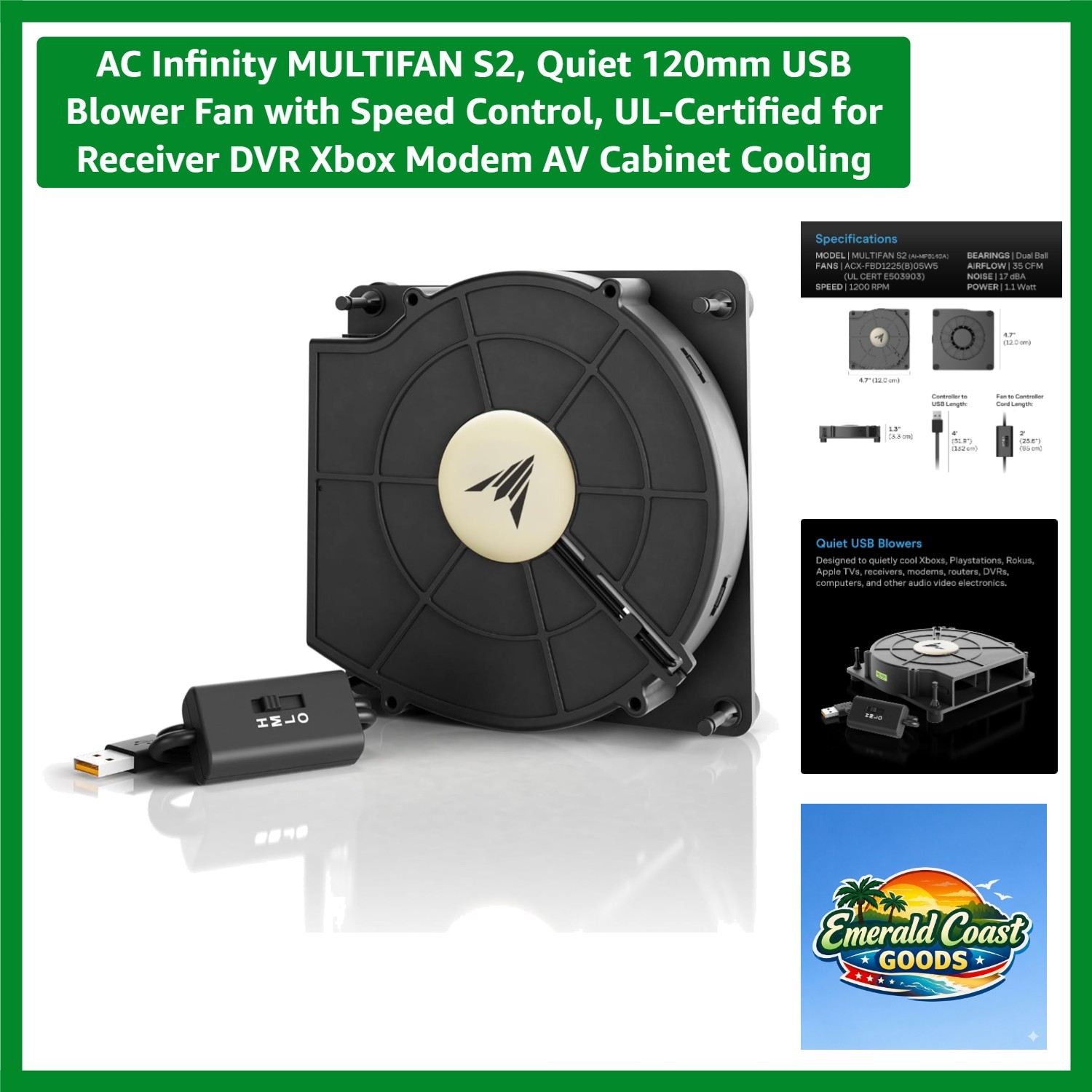 MULTIFAN S2, Quiet 120mm USB Blower Fan with Speed Control, -Certified for Re...
