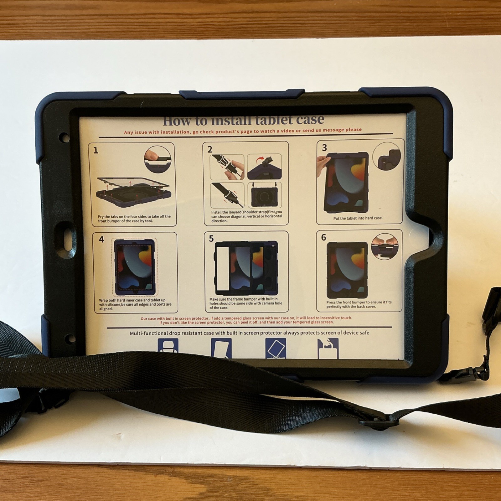 Blue Black Silicone Rugged Tablet Case with Stand & Shoulder Strap