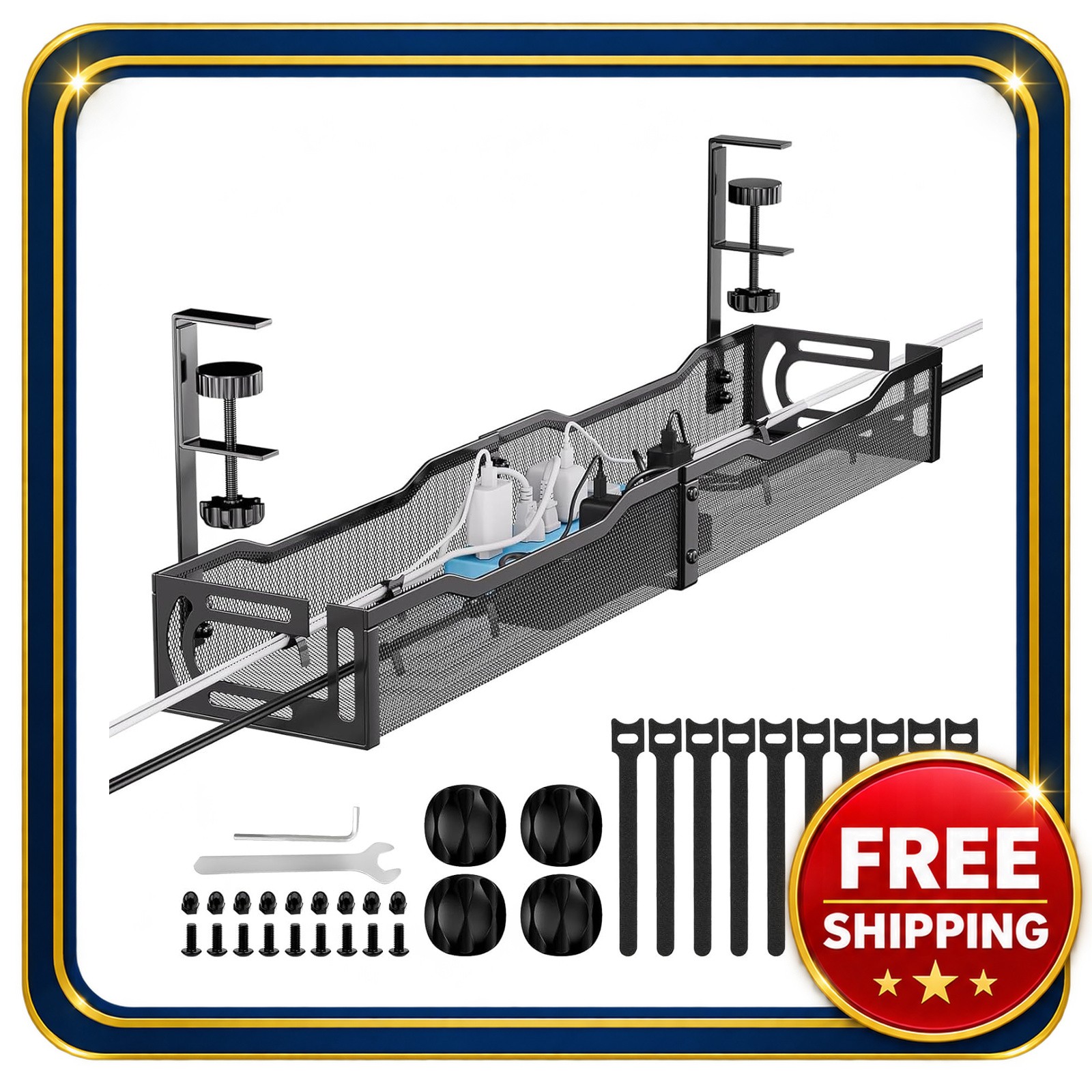 Cable Management Under Desk Tray 25'' Metal Mesh Clamp Organizer