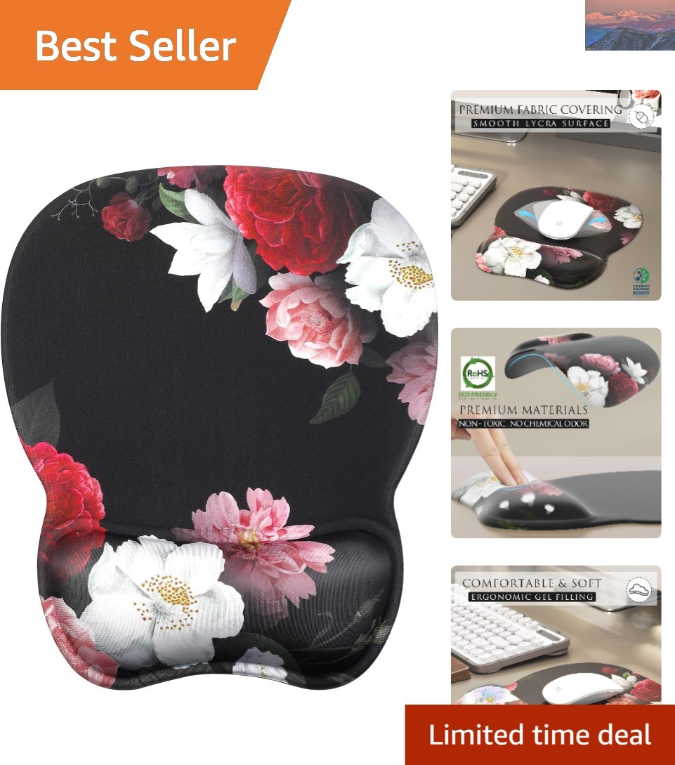 Lycra Ergonomic Mouse Pad with Wrist Support - 9.4 x 8.1 in Black Flower