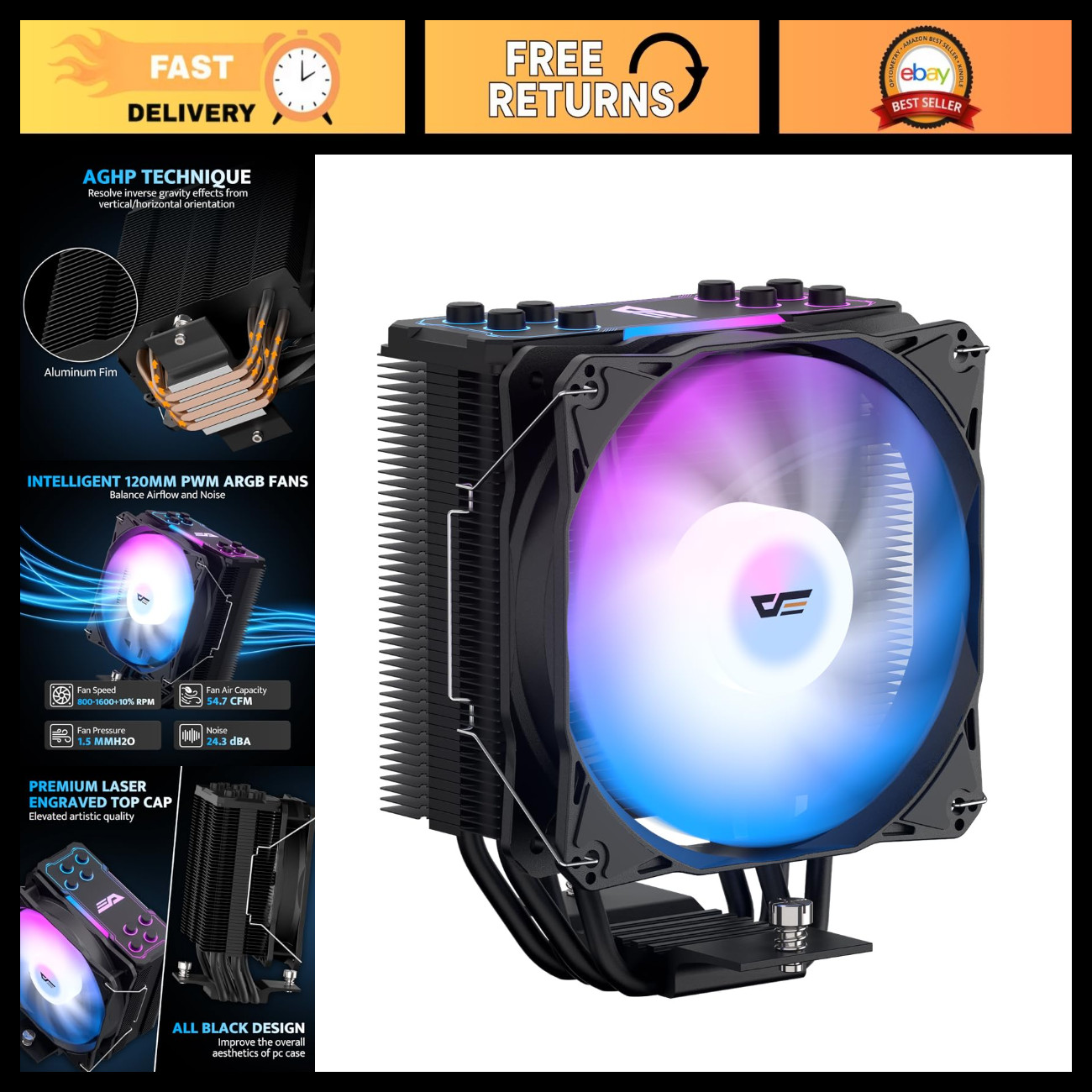 High-Performance 120mm CPU Cooler, 200W TDP, ARGB Fans, Intel & AMD Compatible