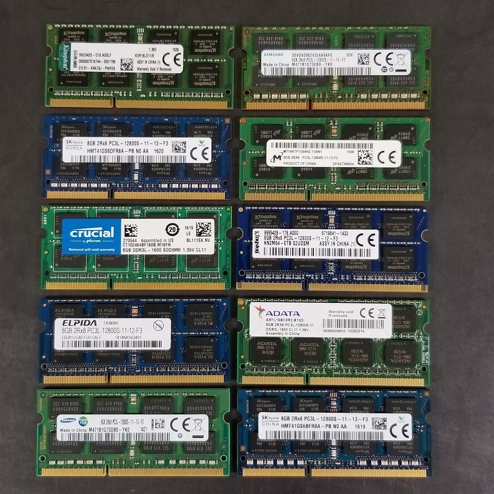 Lot of 10 Mixed Major Brands 8GB PC3L-12800 DDR3 1600MHz Laptop RAM Fully Tested